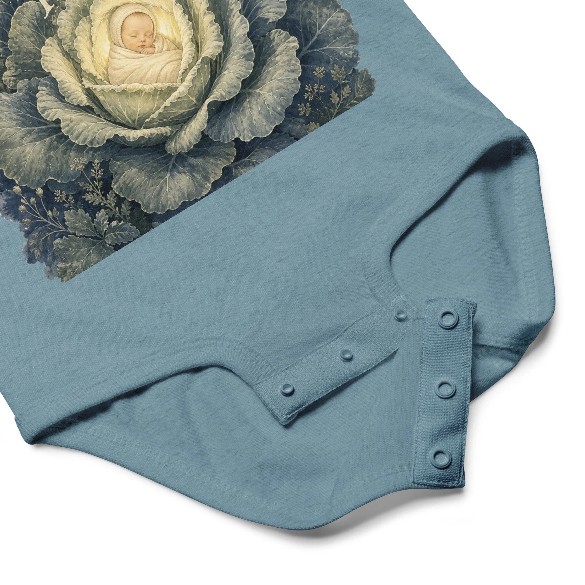 Baby bodysuit worn on infant against soft bedding, vintage botanical moonlit cabbage field design, hidden history — Etherfolk