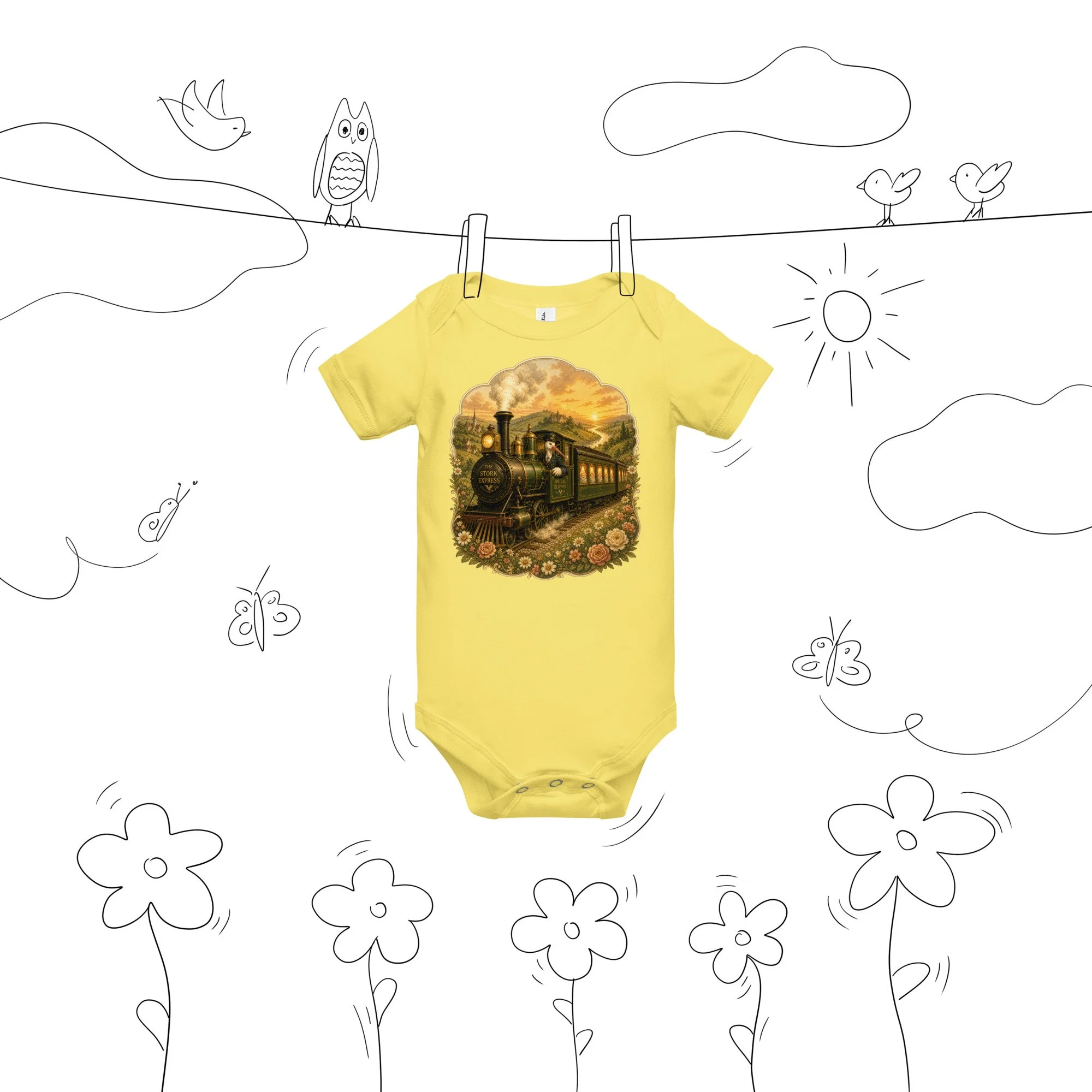 Baby bodysuit — Stork conductor locomotive with swaddled infant passengers, vintage pastoral design — alternative history, wh