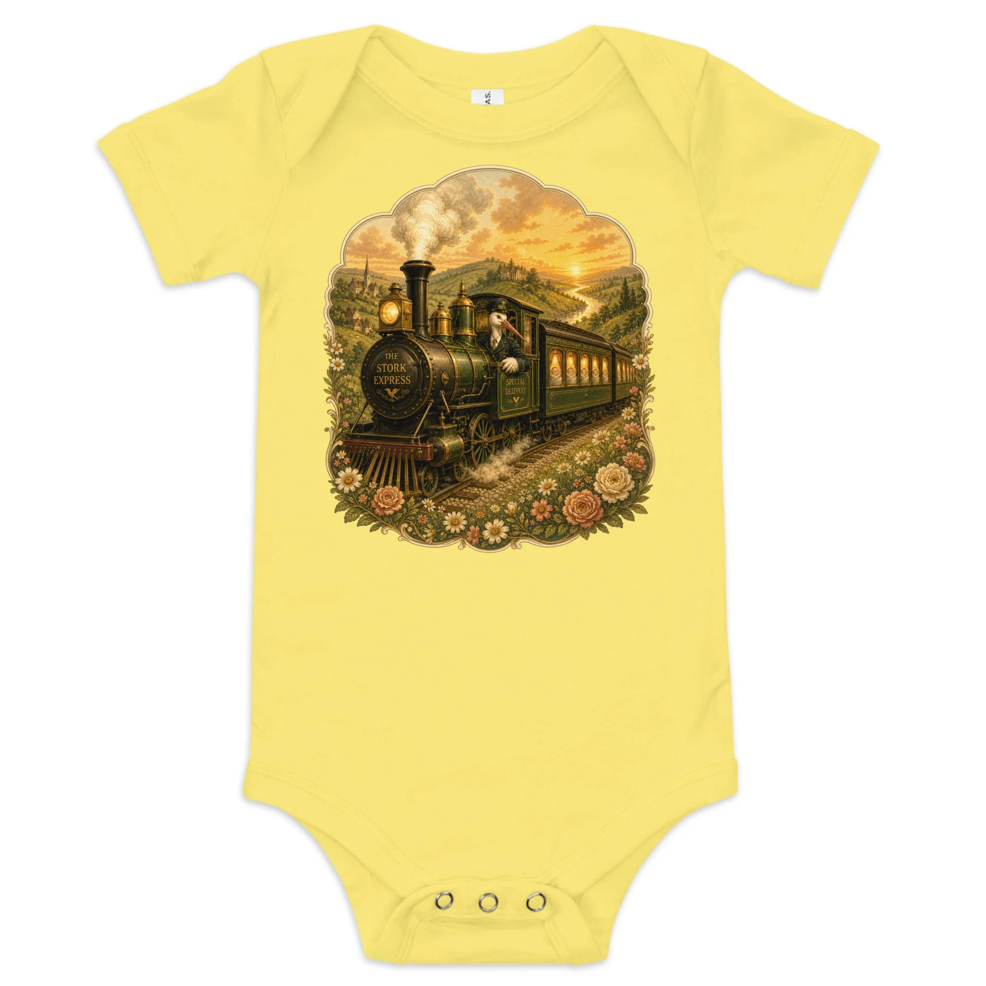 Baby bodysuit — close-up of vintage engraving-style locomotive and stork conductor details — alternative history — Etherfolk