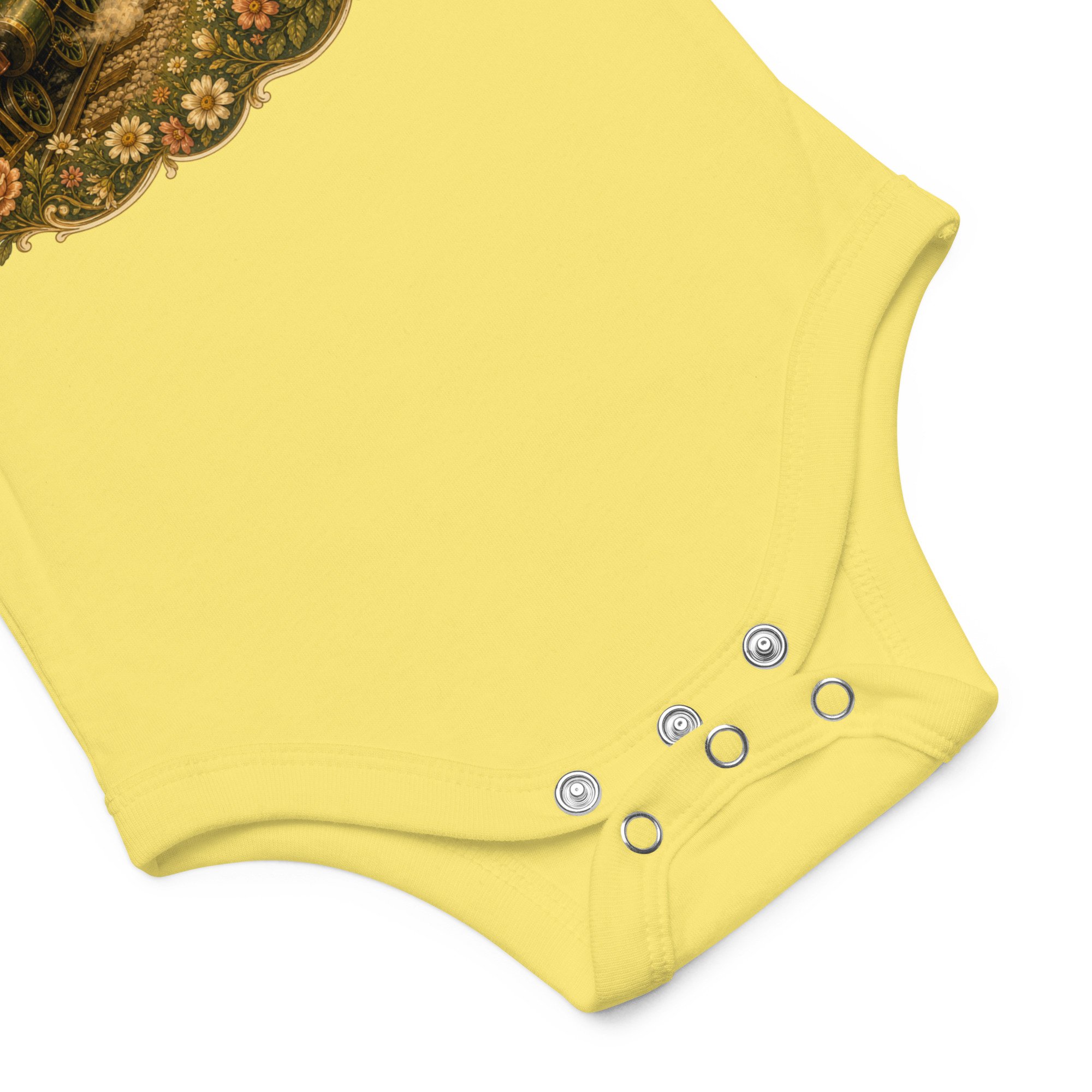 Baby bodysuit worn by infant with vintage locomotive and stork design — alternative history whimsy — Etherfolk