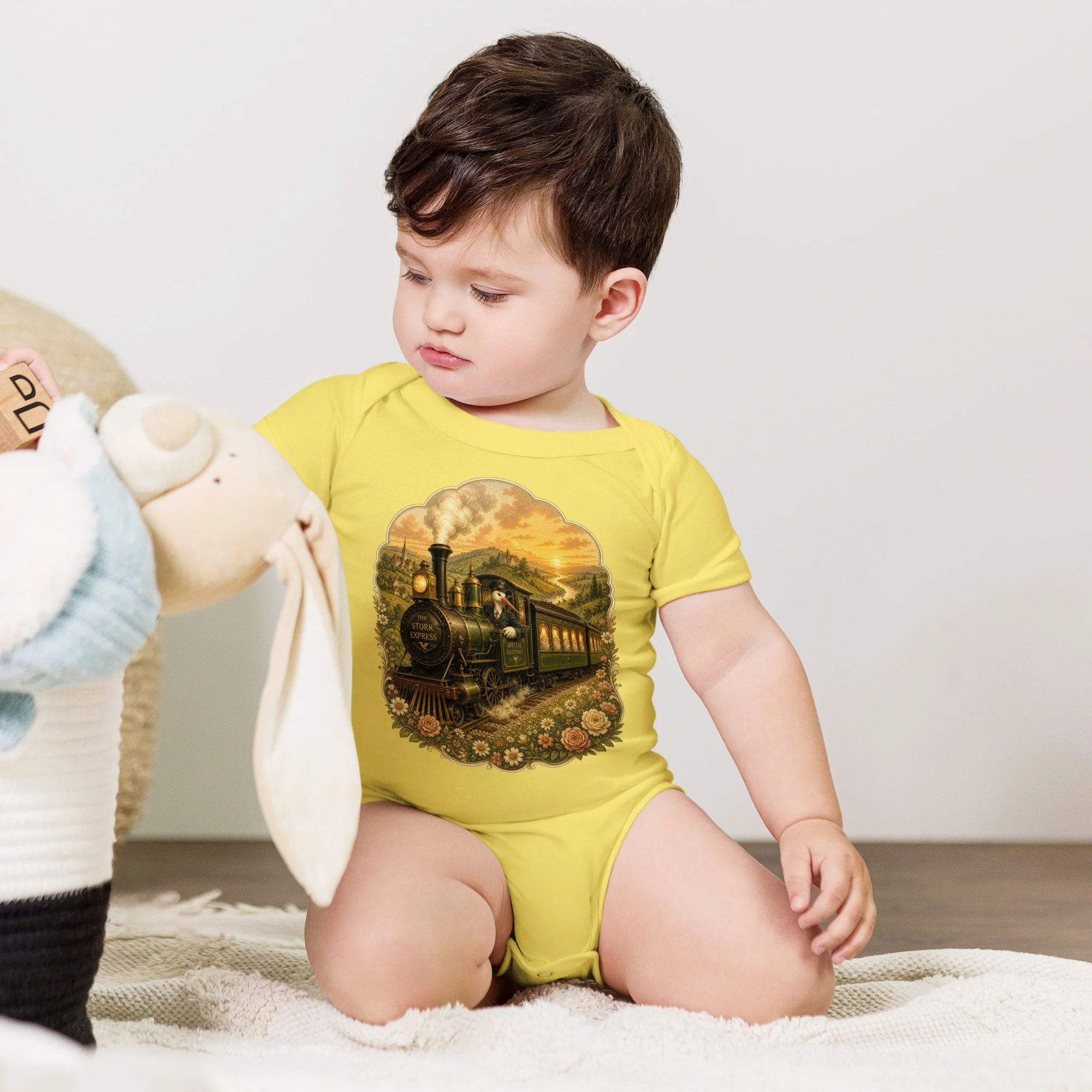 Baby bodysuit — alternate angle view of vintage locomotive and stork design with alternative history aesthetic — Etherfolk