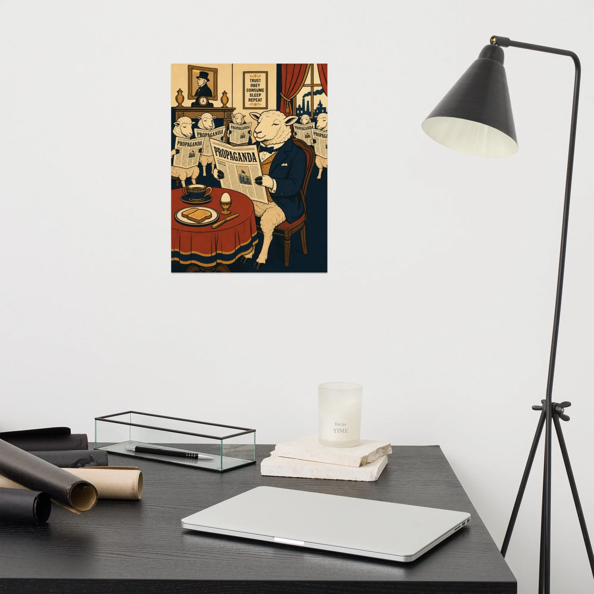 Poster — Close-up of suited sheep reading propaganda newspaper at gentlemen's breakfast table — vintage engraving satire — Et
