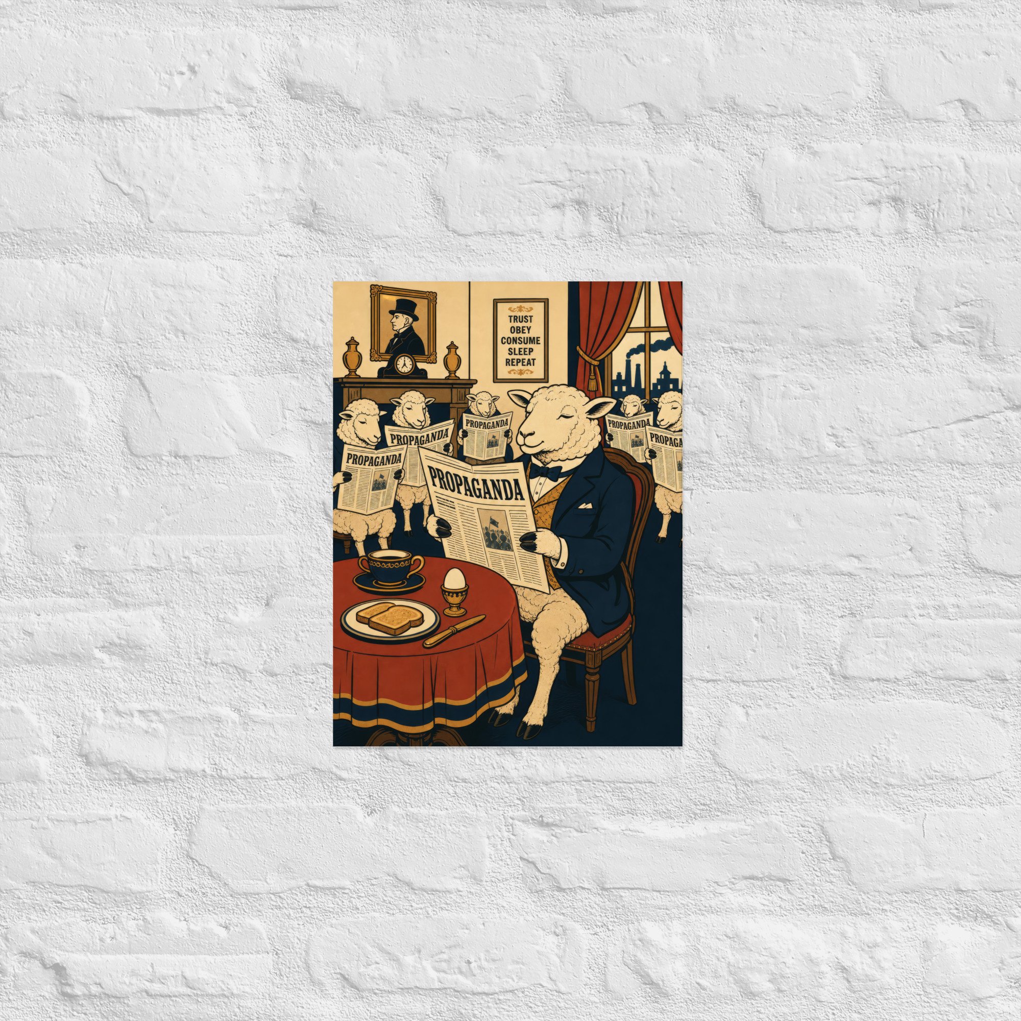 Poster — Framed vintage engraving satire displayed above gentleman's breakfast scene — propaganda, alternative history — Ethe