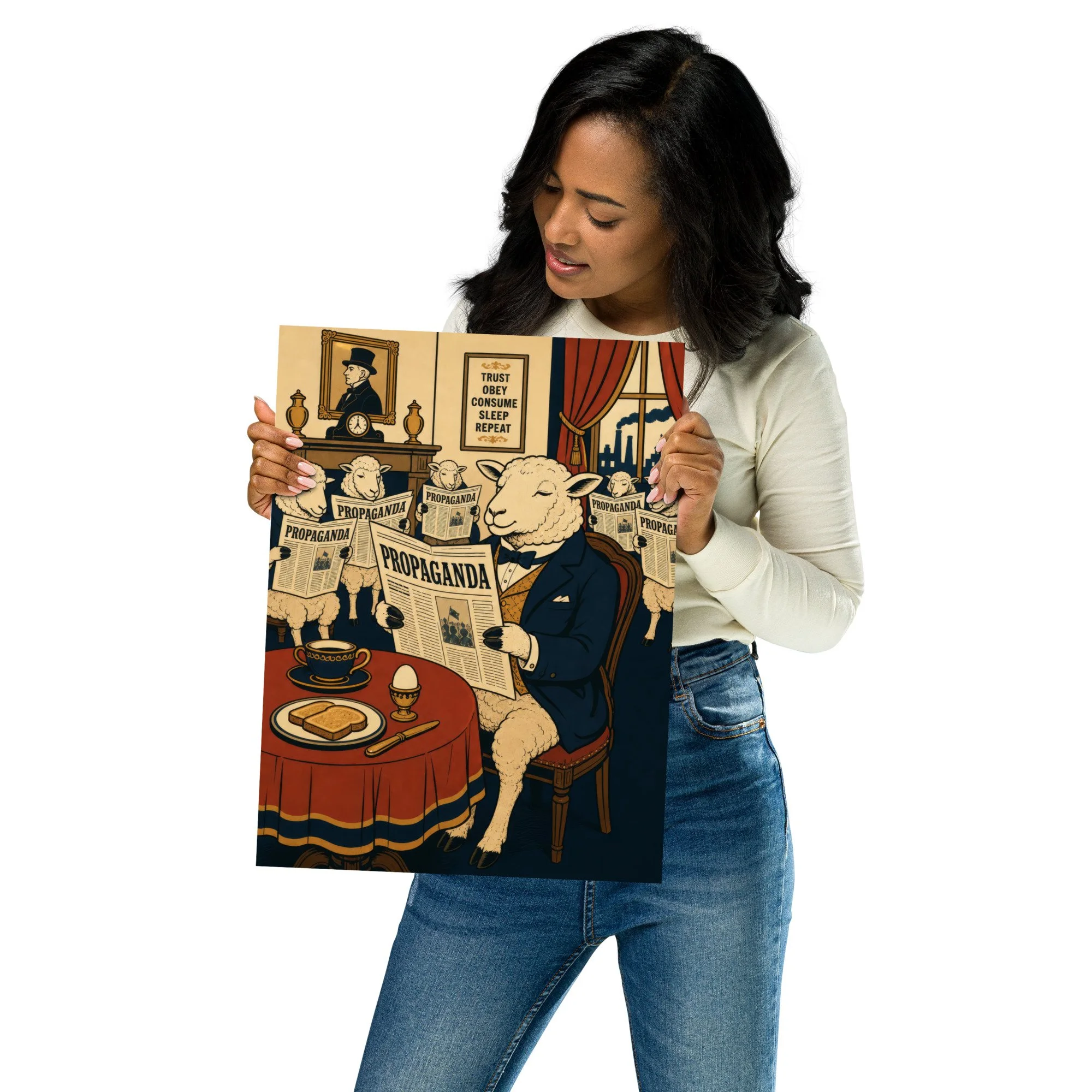 Poster — Alternate view of satirical breakfast scene with sheep in suit reading propaganda, vintage engraving aesthetic — hid
