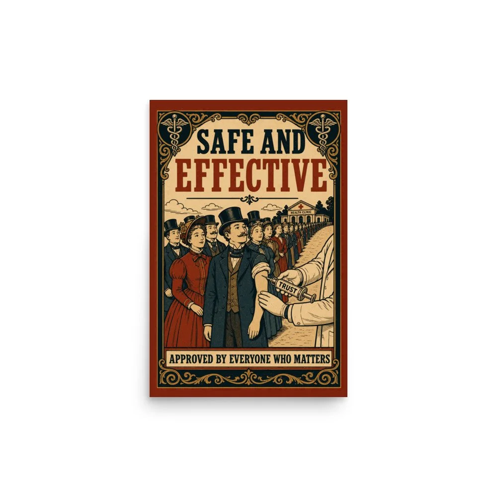 Poster — Close-up of ornate woodblock-style scrollwork and caduceus medical imagery in vintage engraving style — propaganda s