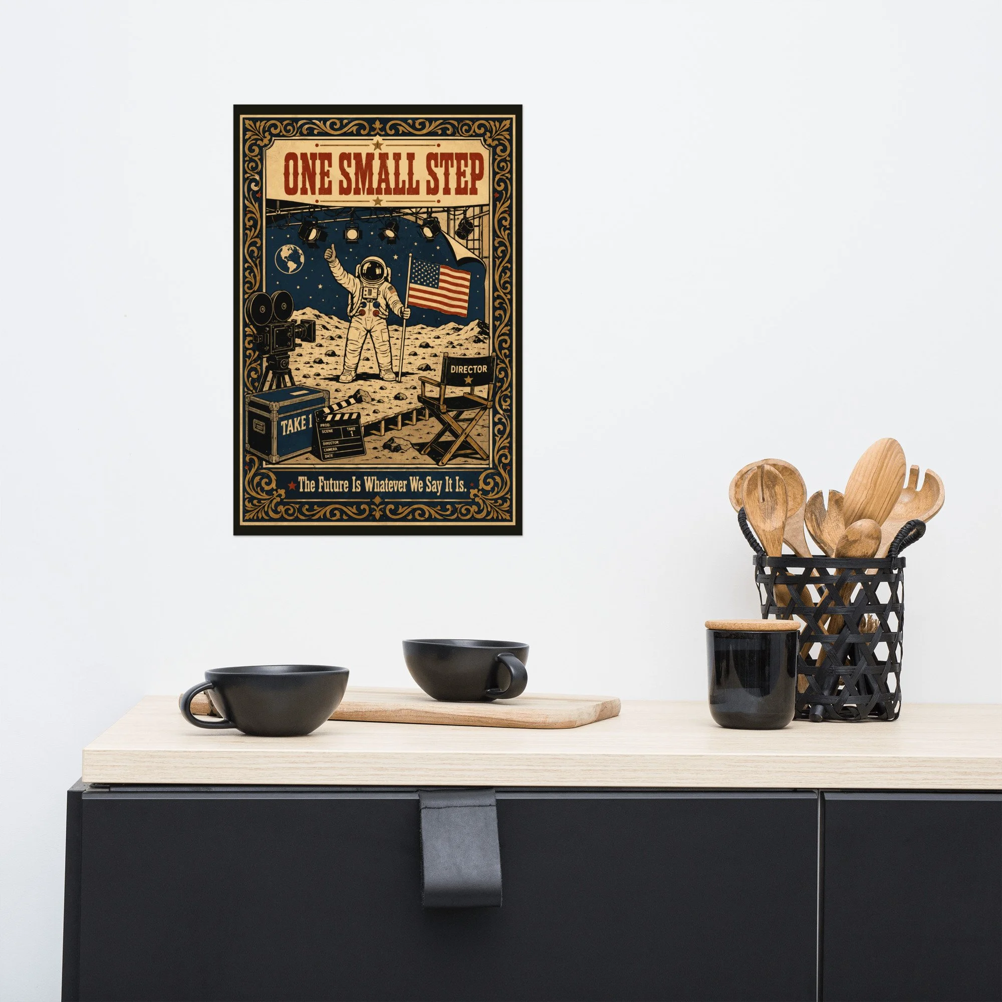 Poster — Close-up of staged lunar set with film equipment and painted backdrop details — Apollo hoax satire — Etherfolk