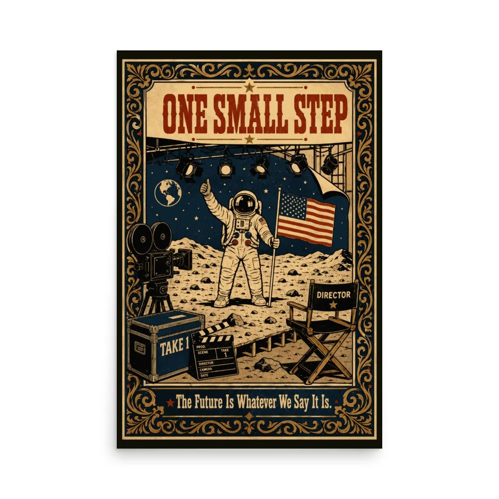 Poster — Alternate view of Apollo hoax satire design with staged lunar set and vintage propaganda styling — Hidden history —
