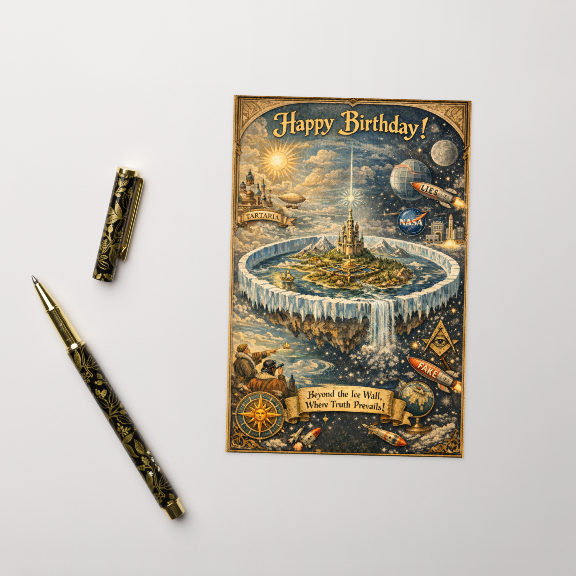 Greeting card — Vintage-engraved birthday card featuring flat earth, Tartarian architecture, and NASA satire imagery in rich