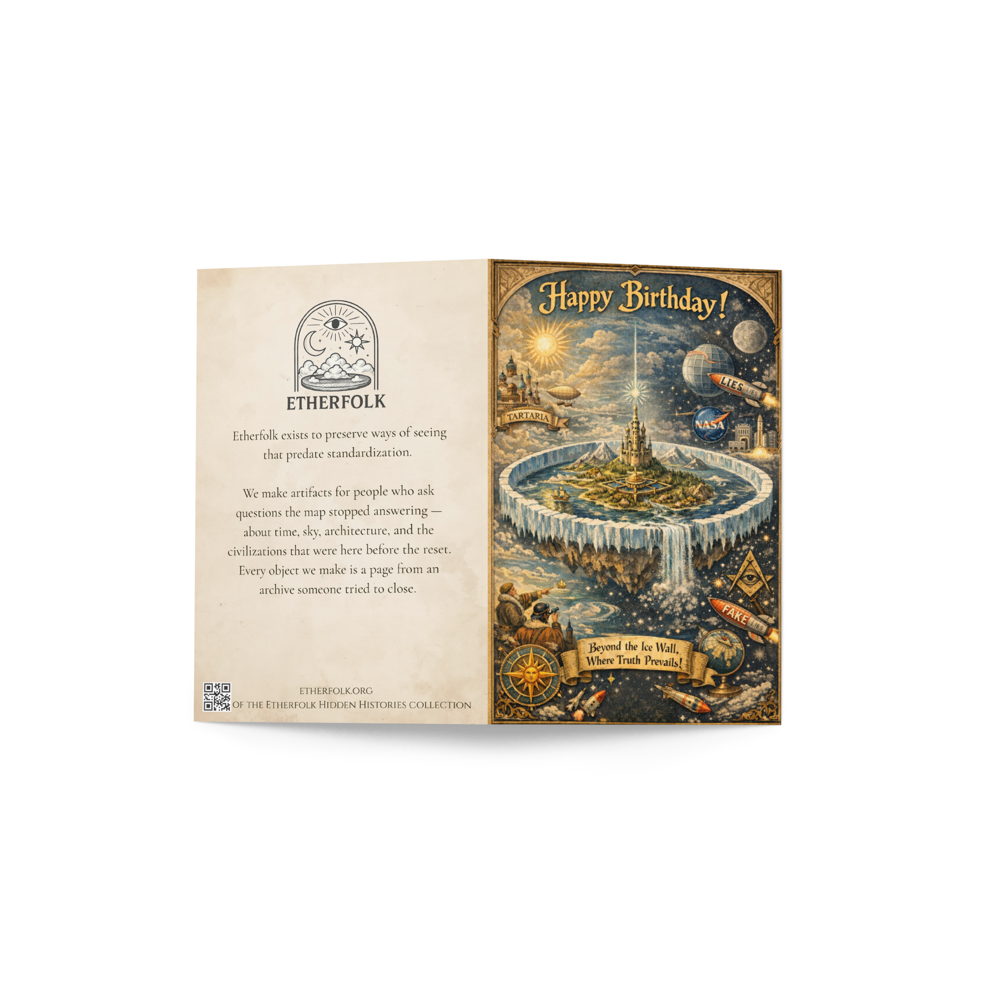 Greeting card displayed open showing vintage conspiracy illustrations with flat earth and Tartarian themes — alternative hist