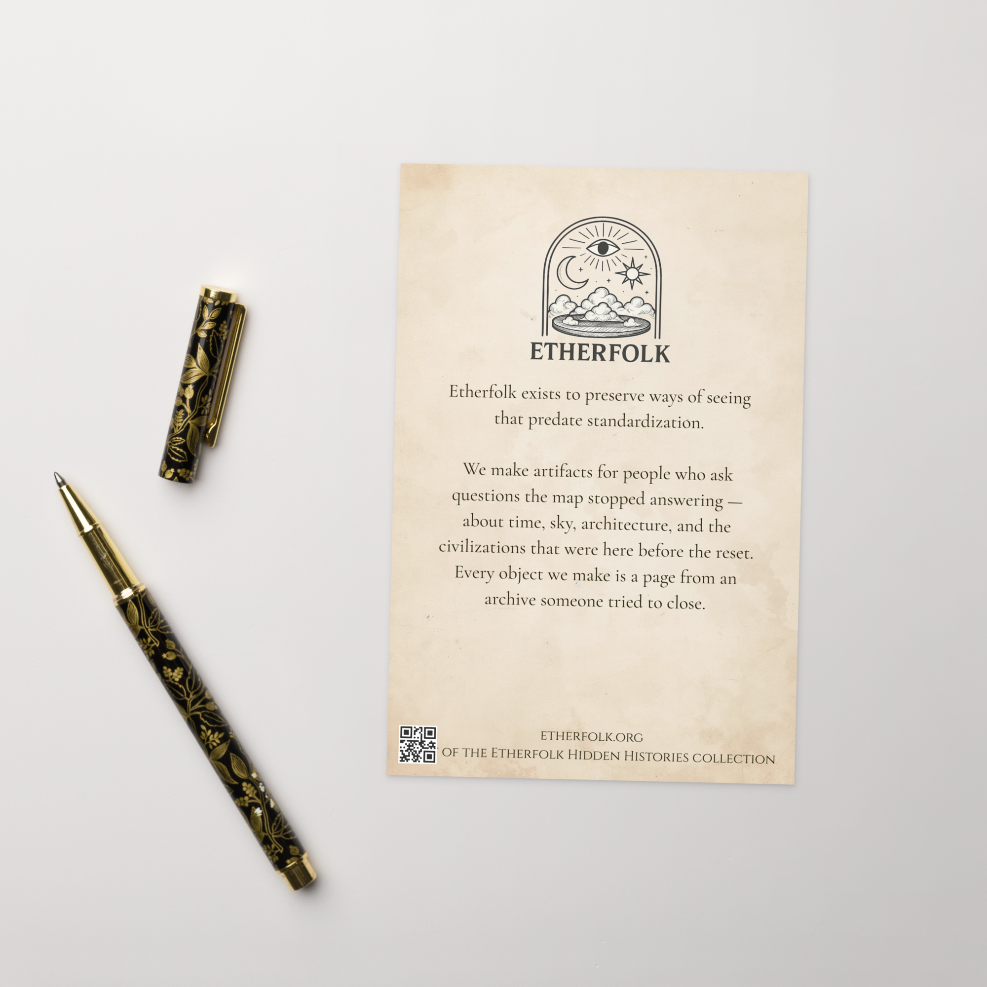 Greeting card — Alternate angle showing vintage engraving style illustrations of flat earth cosmology and Tartarian symbolism