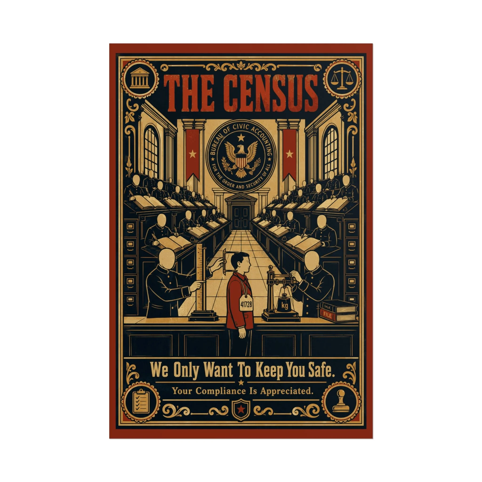 Poster — Vintage propaganda satire showing dystopian census office with faceless clerks and authoritarian ledgers — hidden hi