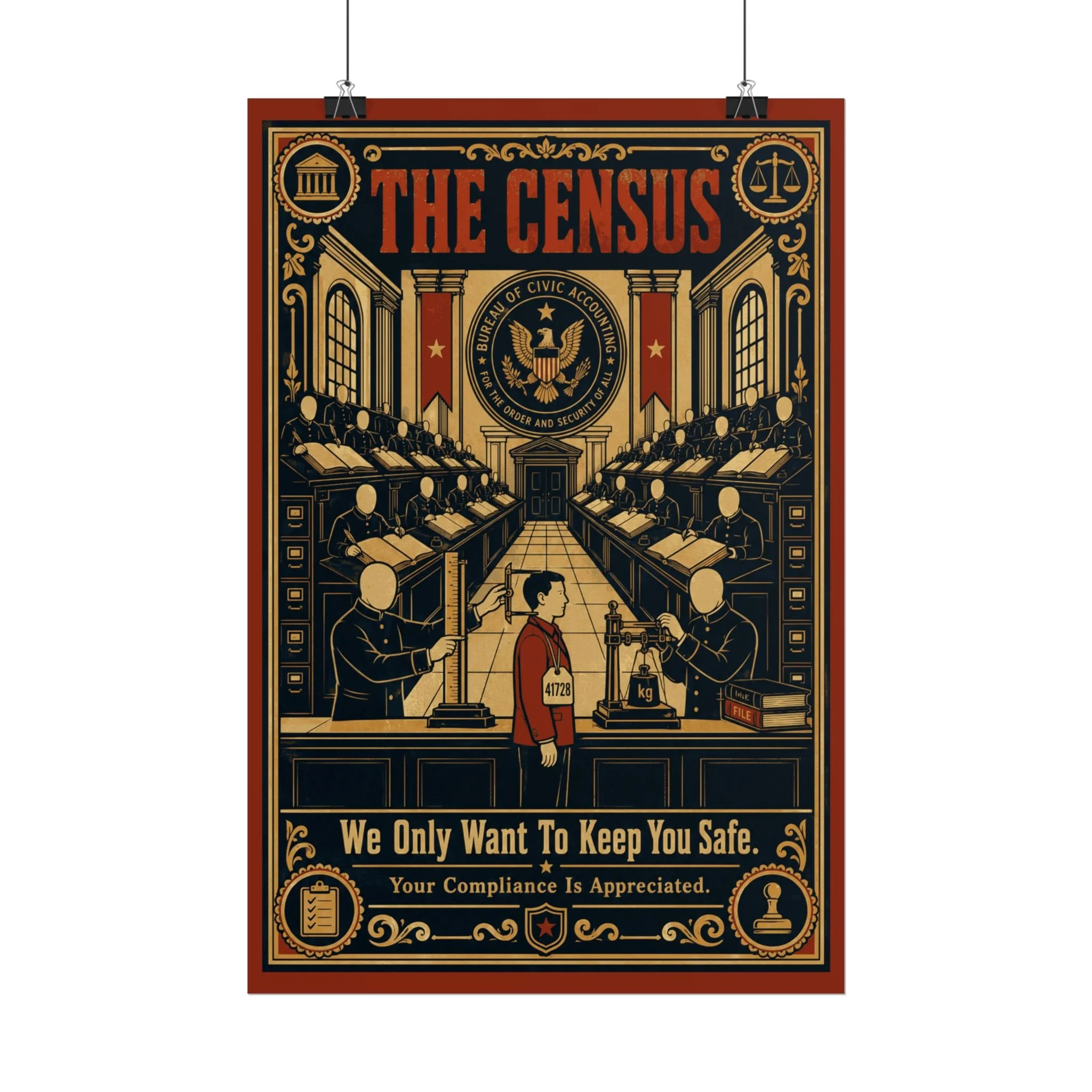 Poster detail — Faceless clerks and towering ledgers in woodcut style — Dystopian propaganda, hidden history — Etherfolk