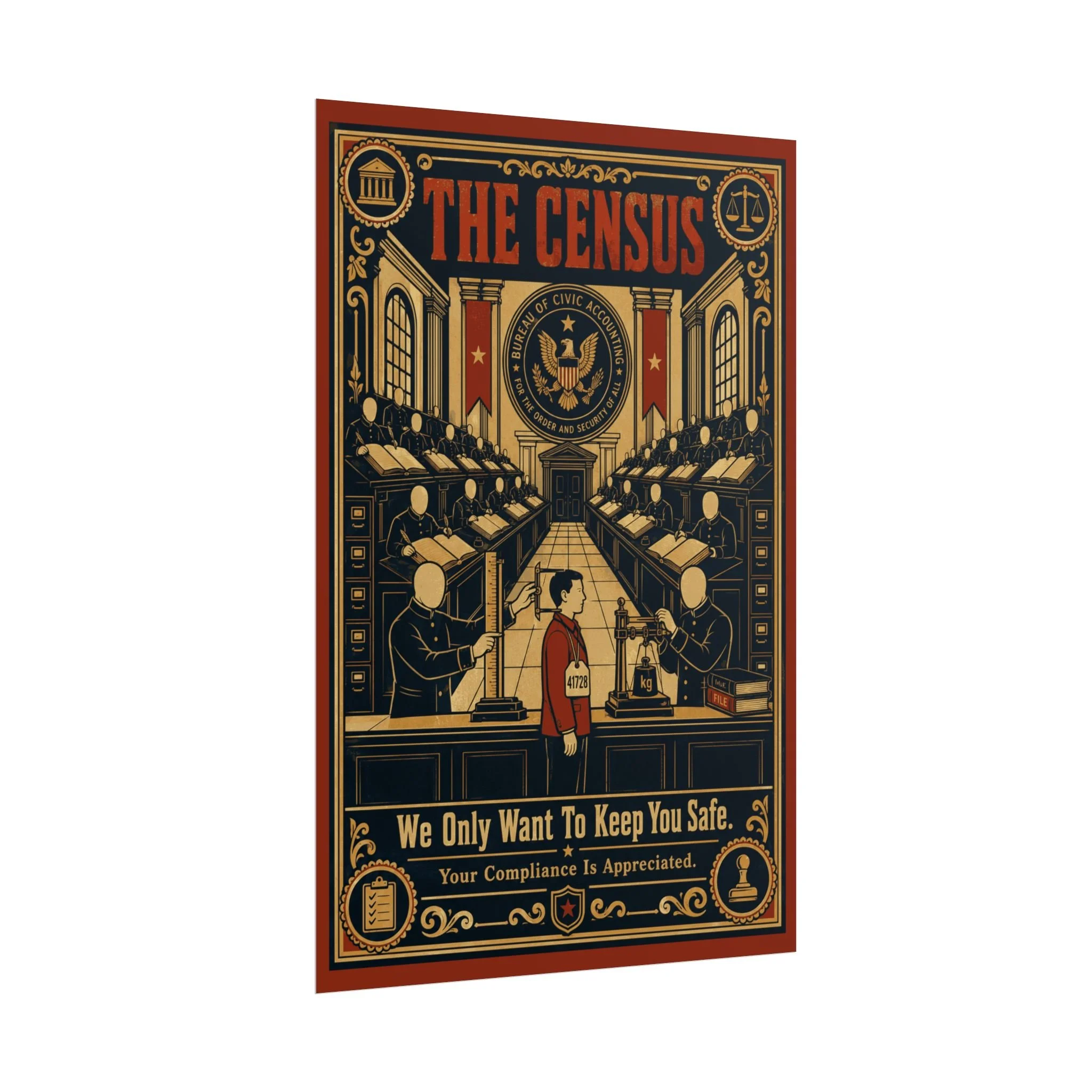Poster displayed on wall showing vintage propaganda satire with faceless clerks and ledgers — dystopian, hidden history — Eth