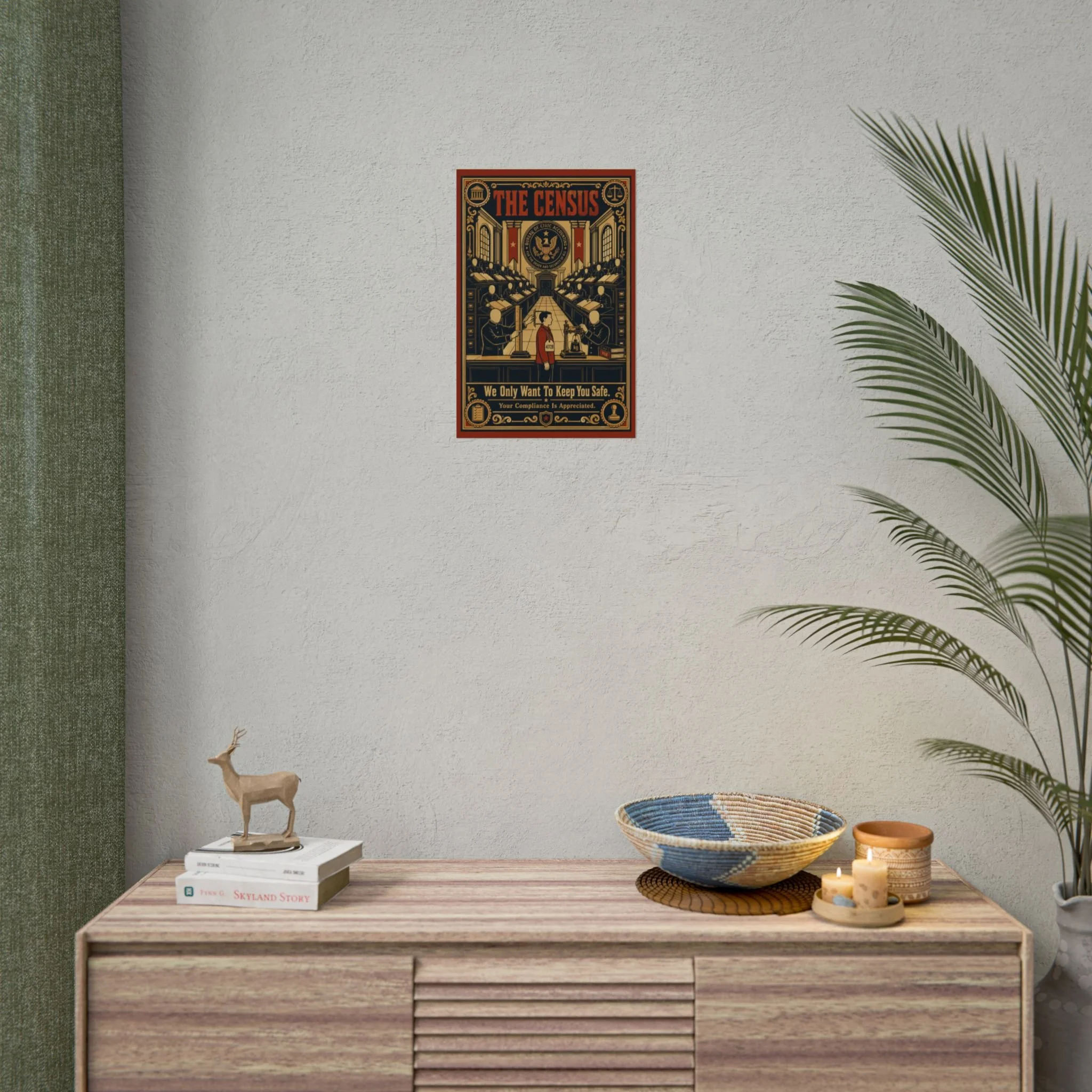 Poster — Alternate angle showing woodcut-style census office with faceless clerks and ledgers — dystopian propaganda, hidden