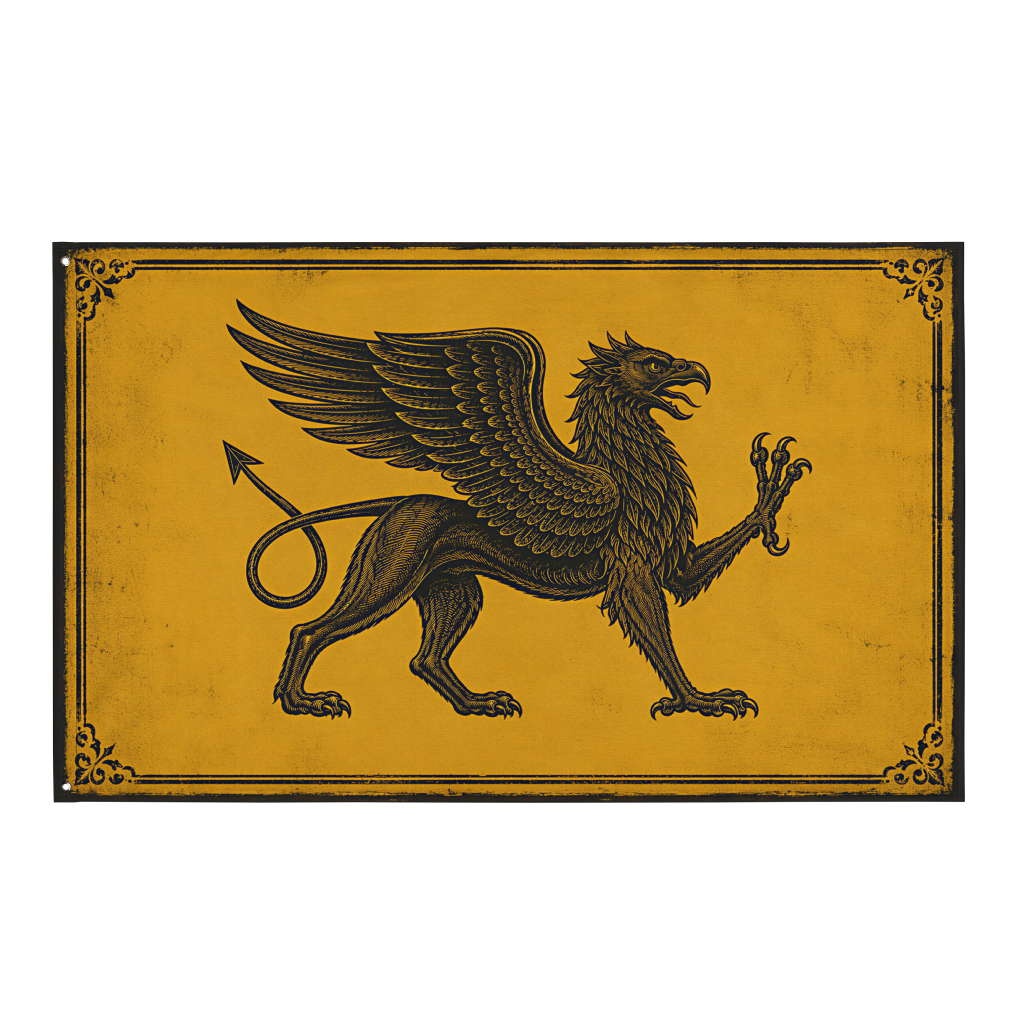 Wall flag — Distressed heraldic banner with engraved medieval griffin symbol and ornamental border — Tartarian hidden history