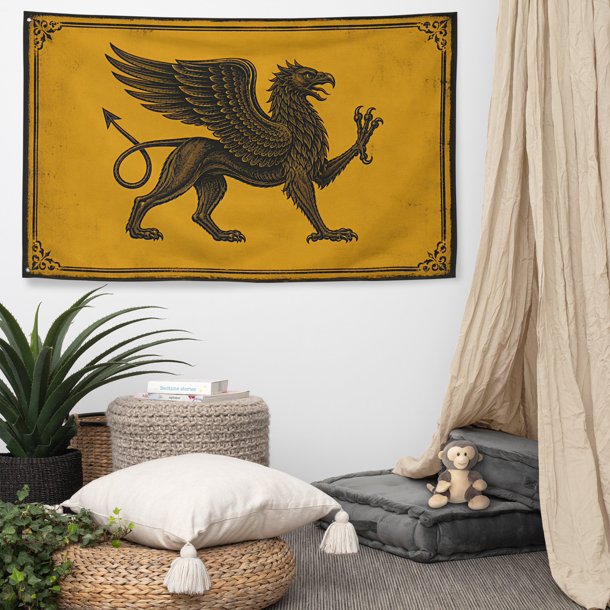 Wall flag — Distressed medieval griffin engraving with ornamental border detail — Tartarian symbolism — Etherfolk