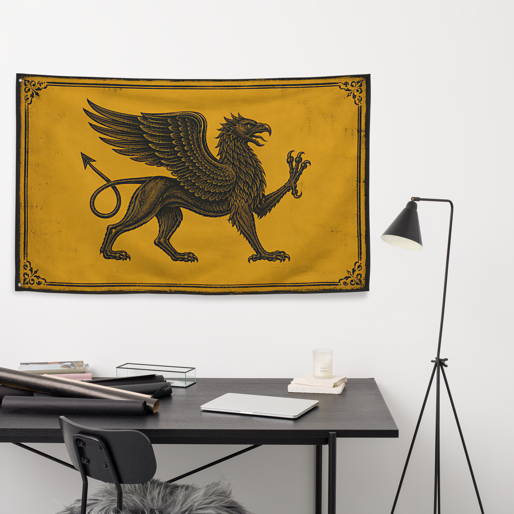 Wall flag — Tartarian griffin heraldic banner displayed indoors, distressed medieval engraving aesthetic — hidden history, al