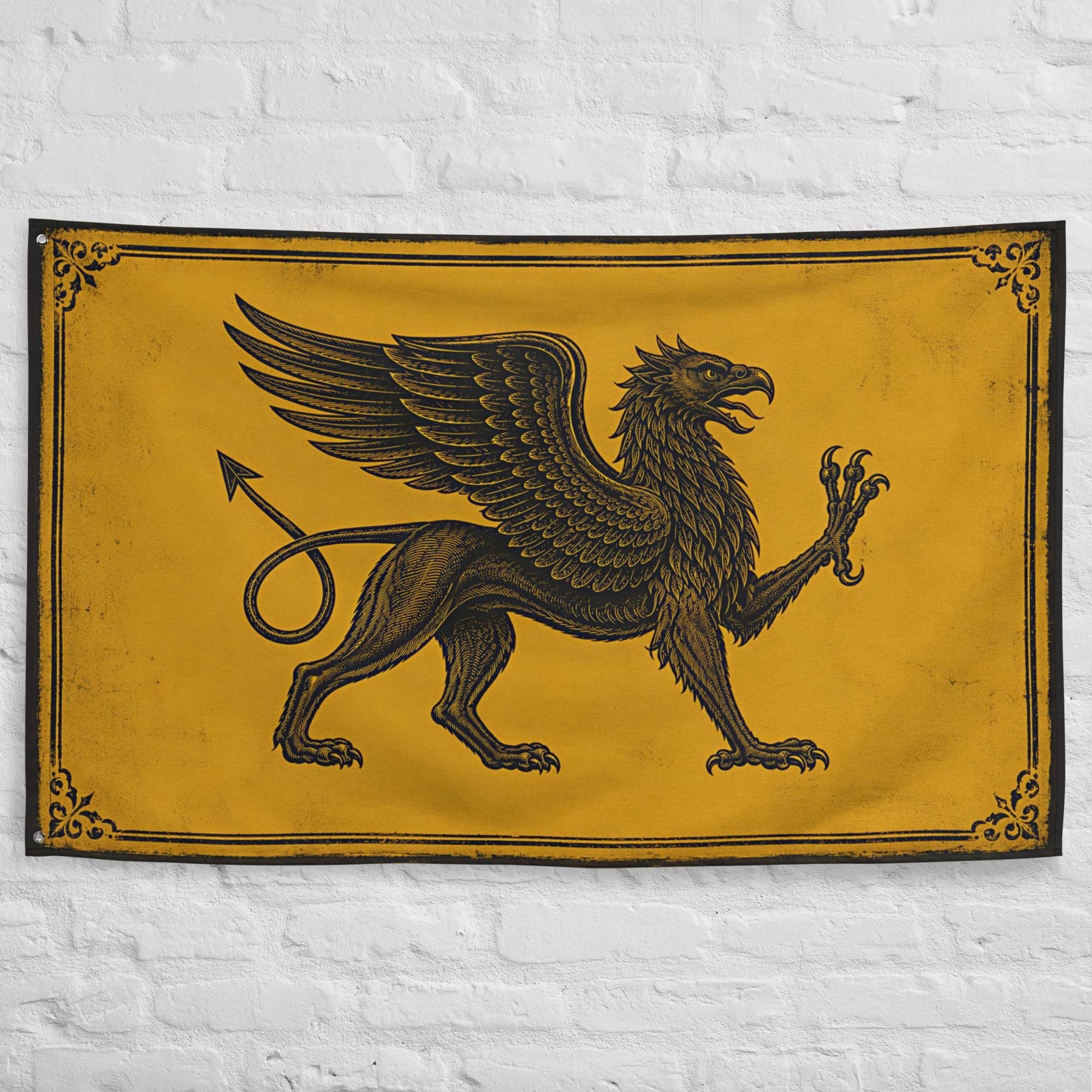 Wall flag — Tartarian Griffin heraldic banner displayed at alternate angle showing textile drape and distressed weave — hidde
