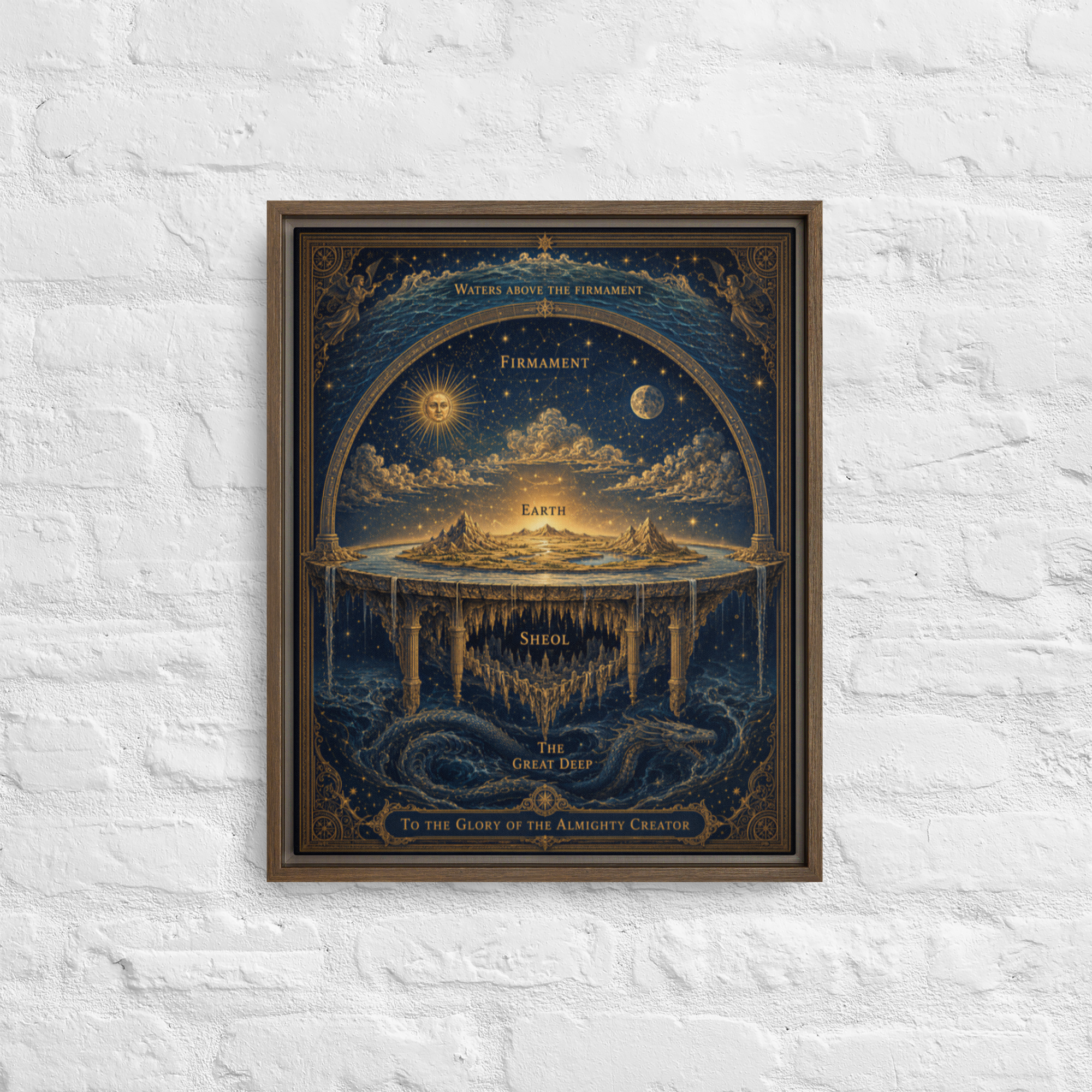 Framed Canvas — Ancient Hebrew cosmology diagram with firmament dome, flat earth disc, and celestial waters in vintage engrav