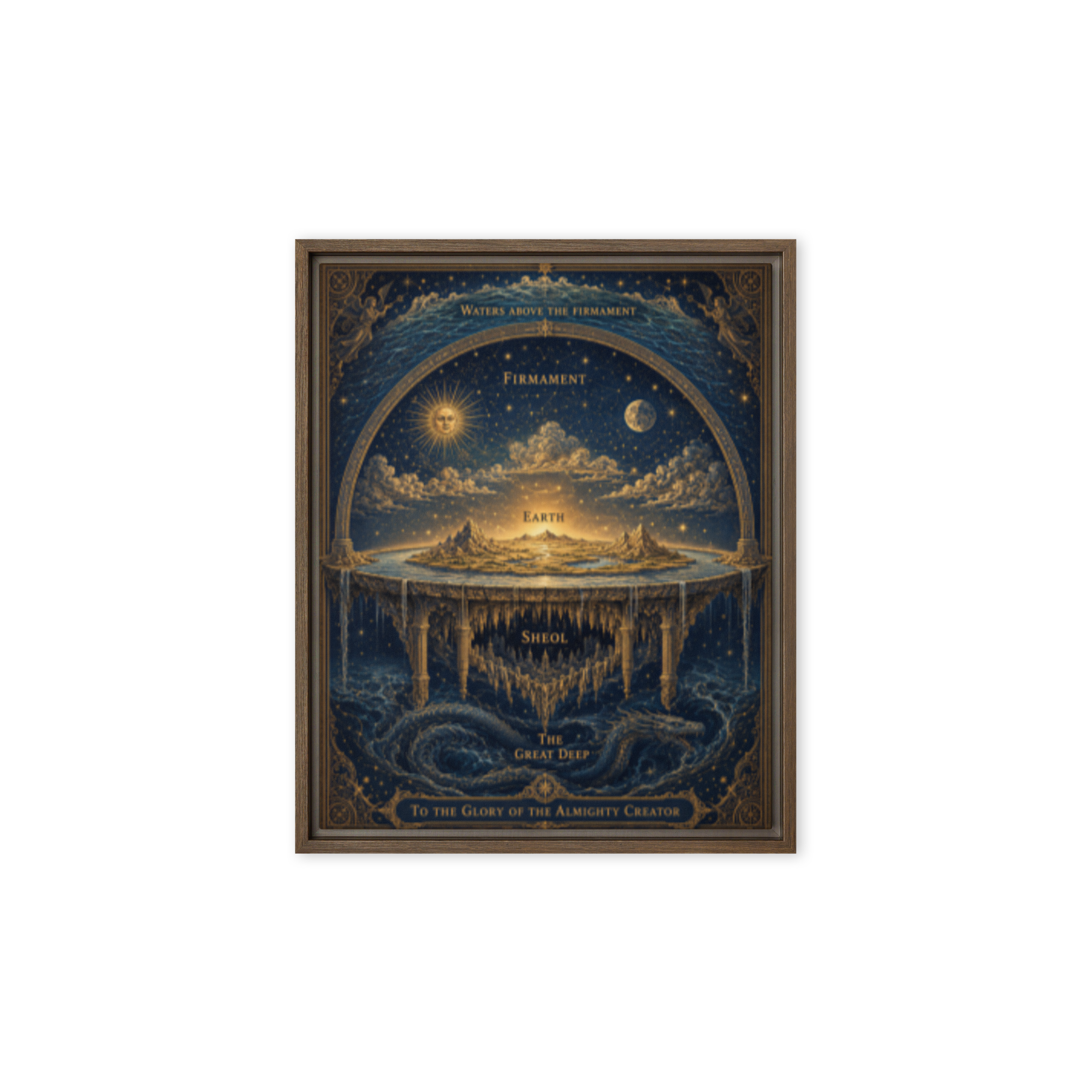 Framed Canvas — detailed vintage engraving of Hebrew cosmology with firmament dome, celestial waters, and flat earth disc — h