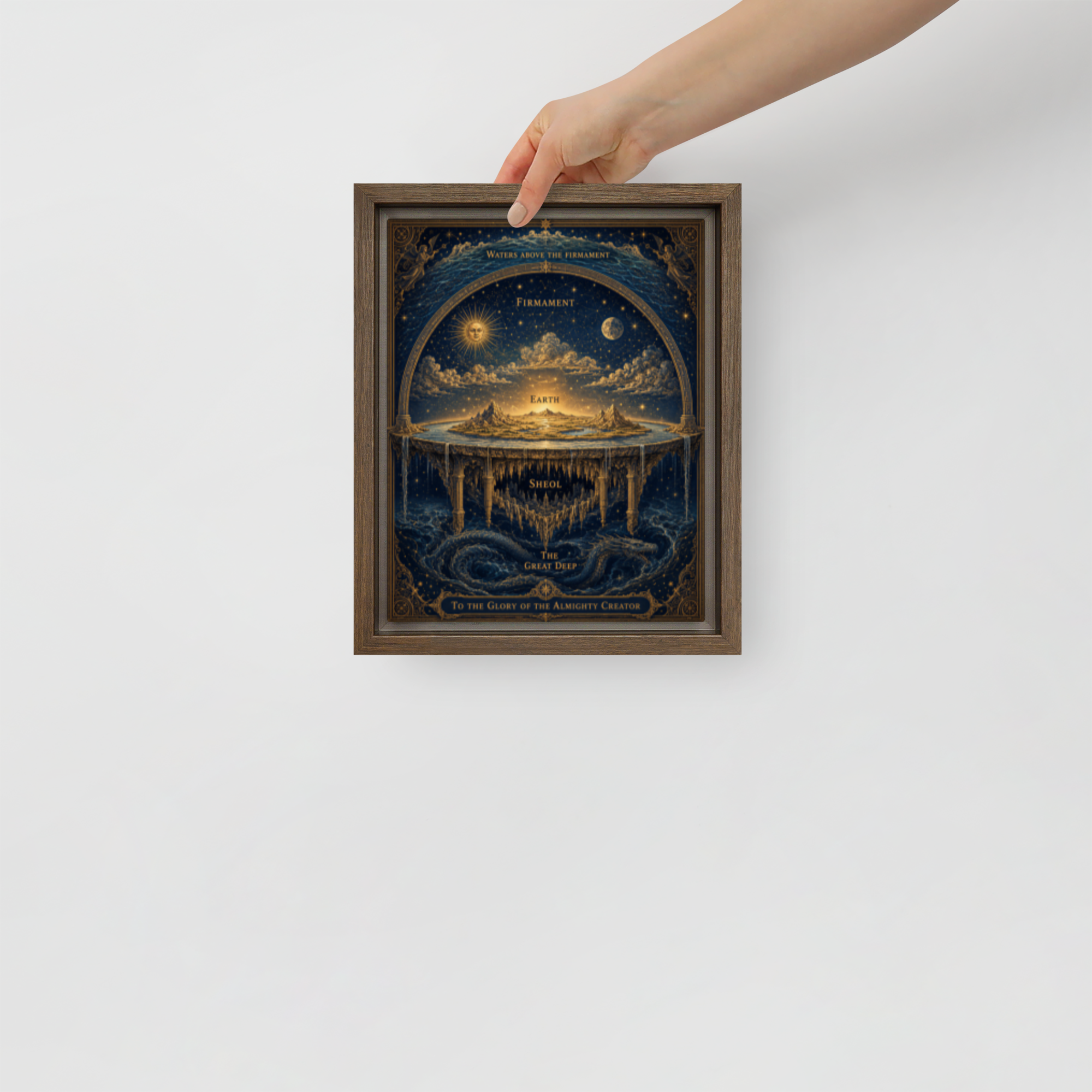 Framed canvas displaying ancient Hebrew cosmology diagram with firmament dome and celestial waters — alternative history — Et