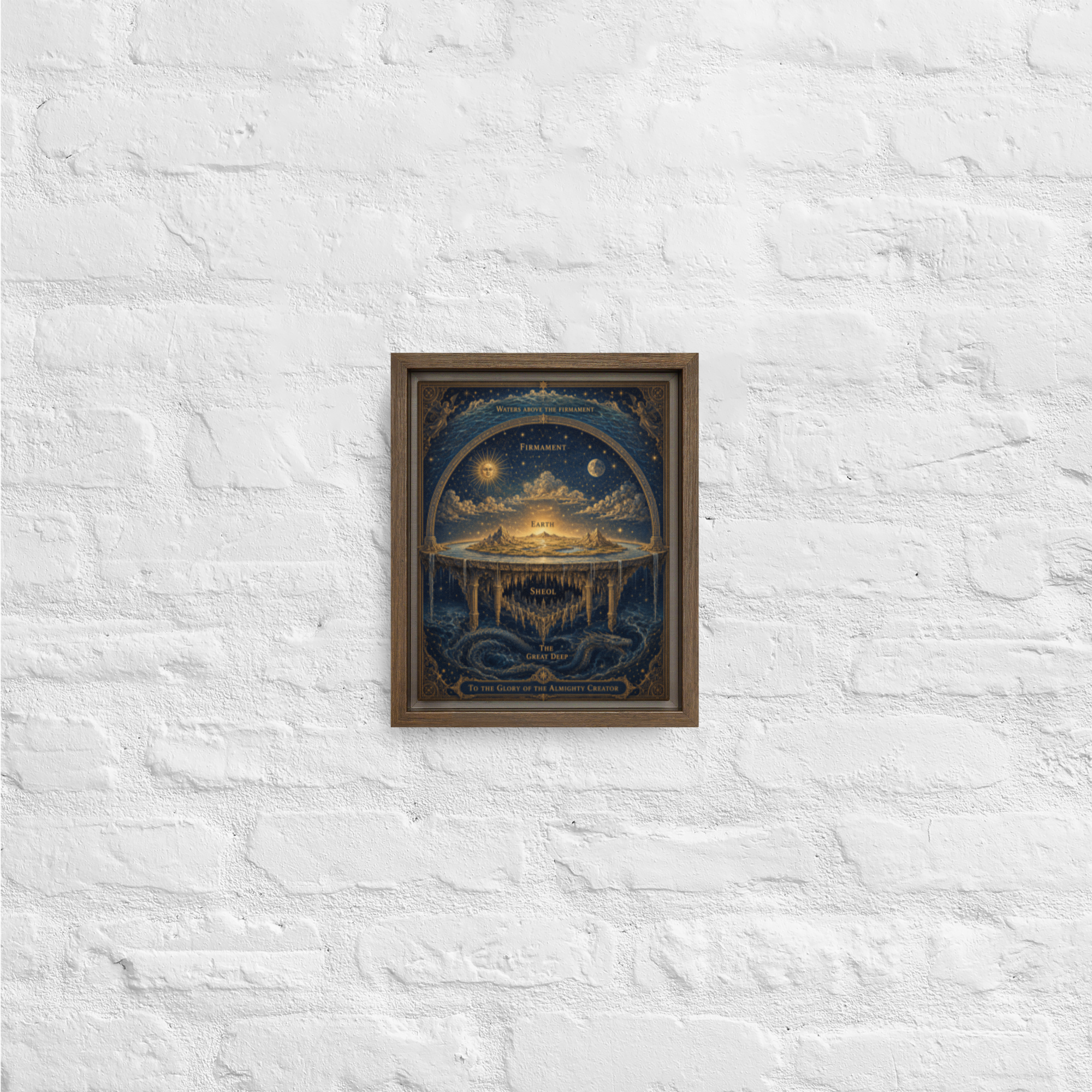 Framed canvas — alternate angle view of layered cosmological diagram with Hebrew scriptural cosmology illustration — firmamen