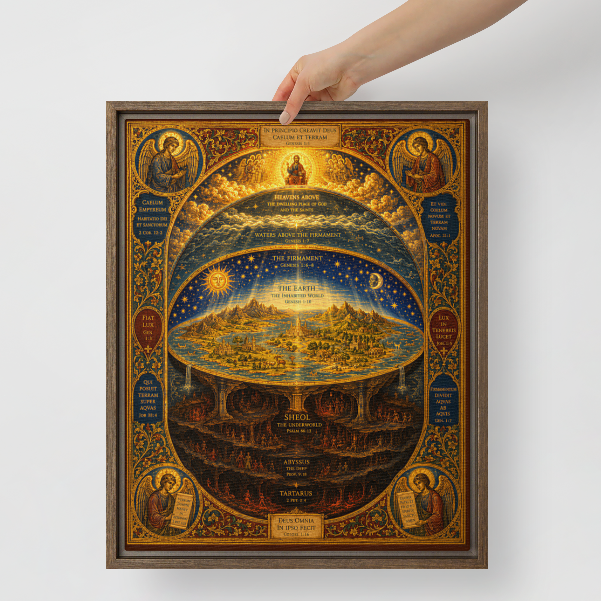 Framed Canvas — Medieval illuminated manuscript cosmology diagram with ornate borders, angels, and Latin scripture mapping Ch