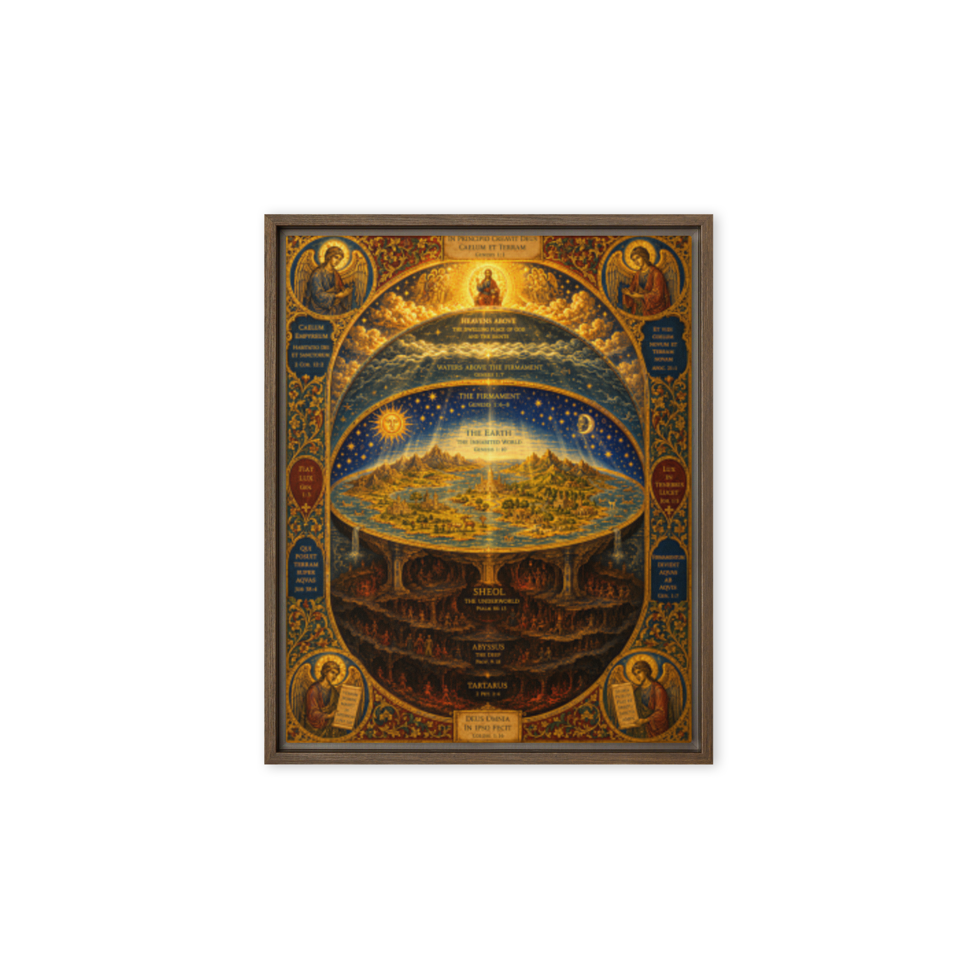 Framed Canvas — ornate medieval manuscript border with angel medallions and Latin scripture annotations — Christian cosmology