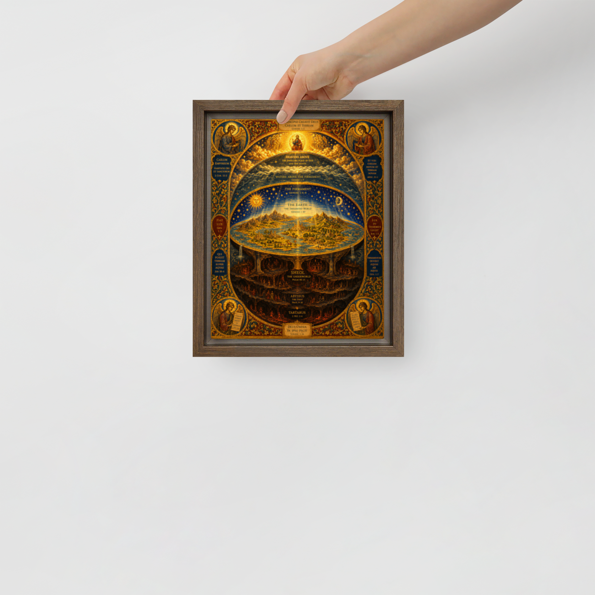 Framed canvas displaying medieval illuminated Christian cosmology diagram with ornate borders and Latin scripture—alternative