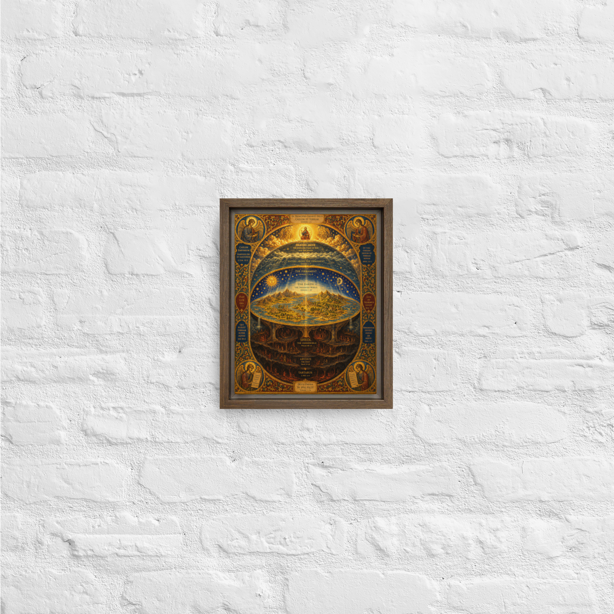 Framed Canvas — Side angle view of medieval manuscript-style cosmology diagram with ornate borders — Alternative history, fir