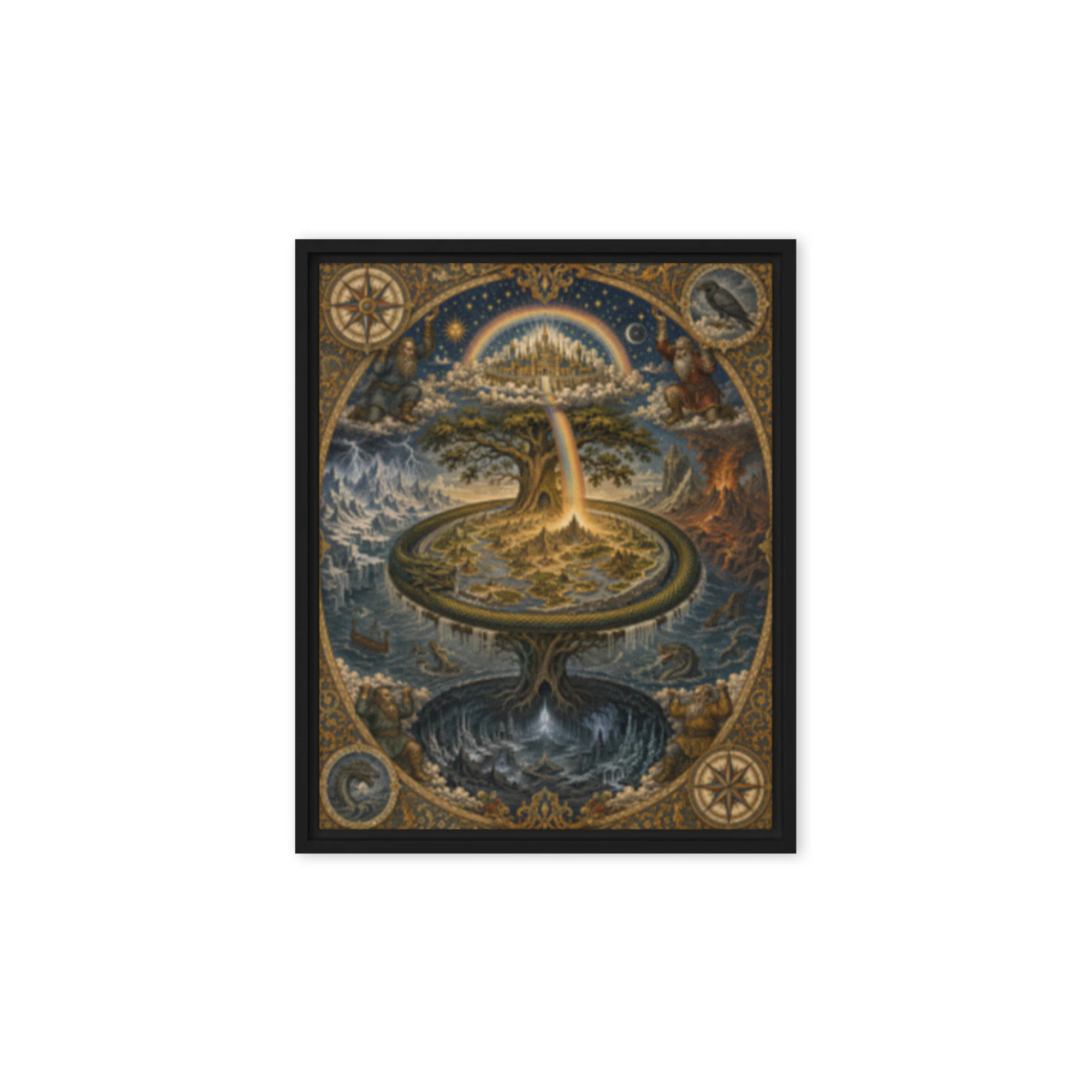 Framed Canvas — Close-up of intricate engraved Yggdrasil tree with Norse realms detail — Alternative history, vintage engravi