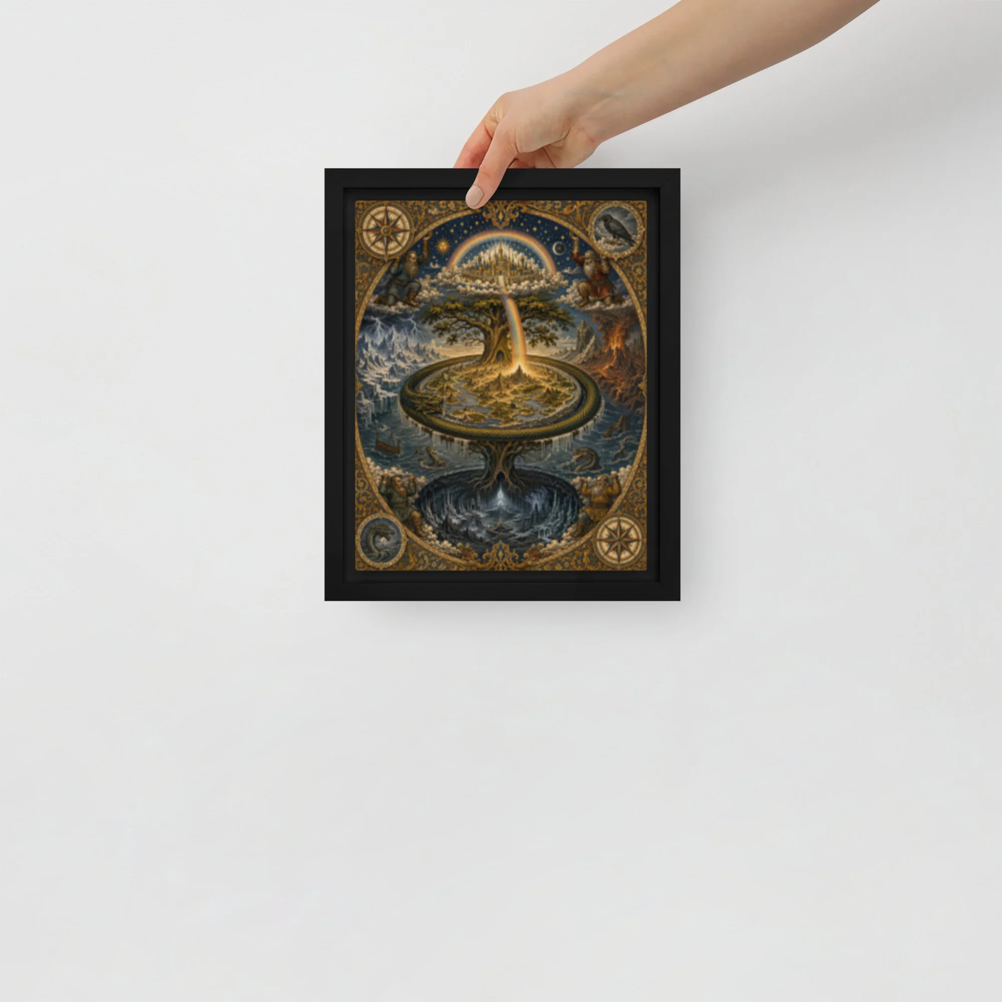 Framed Canvas — Norse cosmology diagram viewed from side angle showing Yggdrasil tree structure and realm layers — alternativ