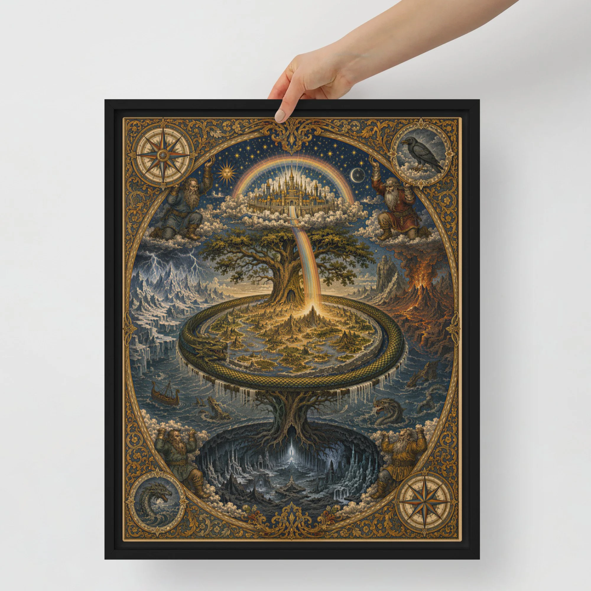 Framed canvas displaying Norse cosmology Yggdrasil design with vintage engraving aesthetic hung on wall — alternative history