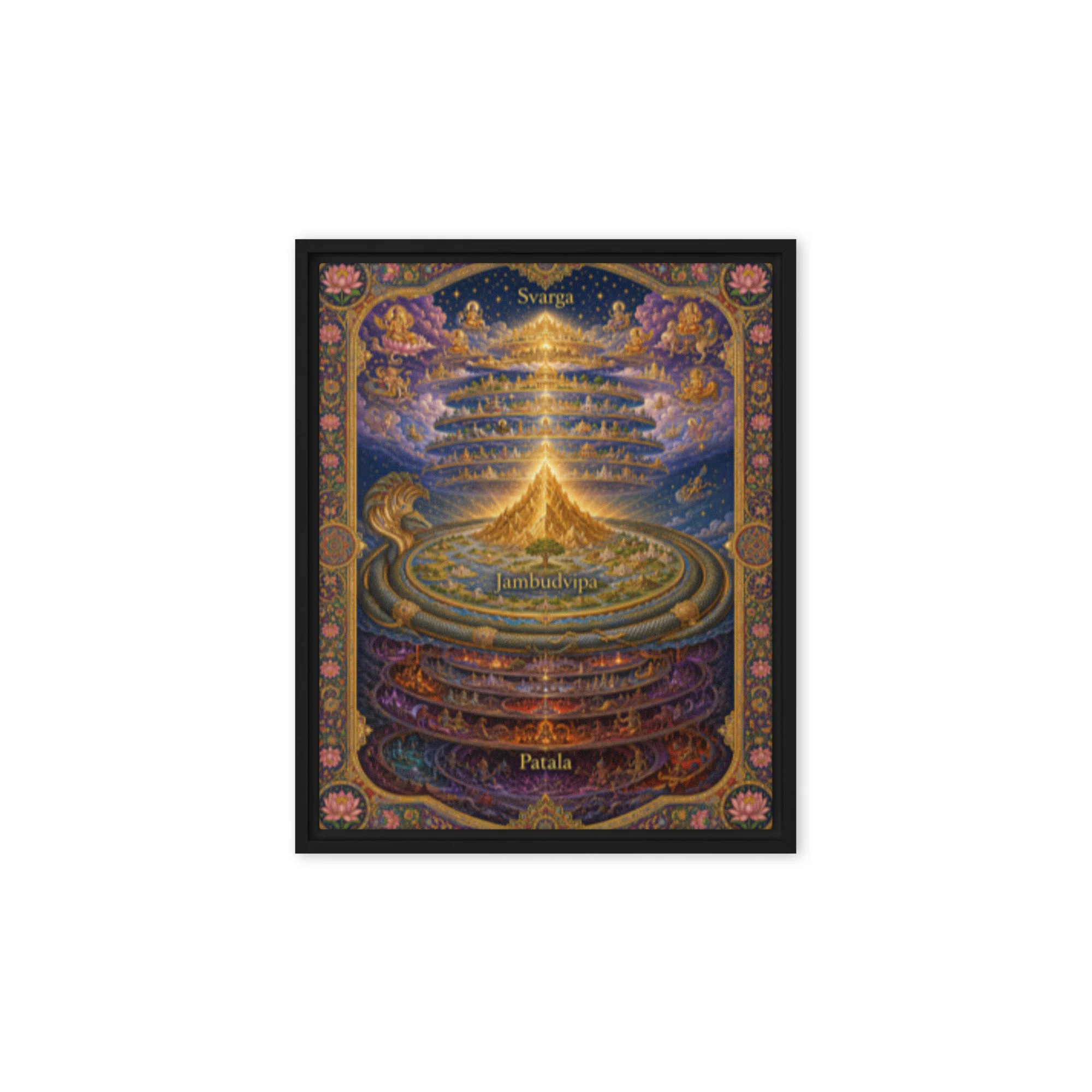 Framed Canvas — Hindu cosmology illuminated manuscript with Mount Meru, flat earth disc, and cosmic serpent — hidden history