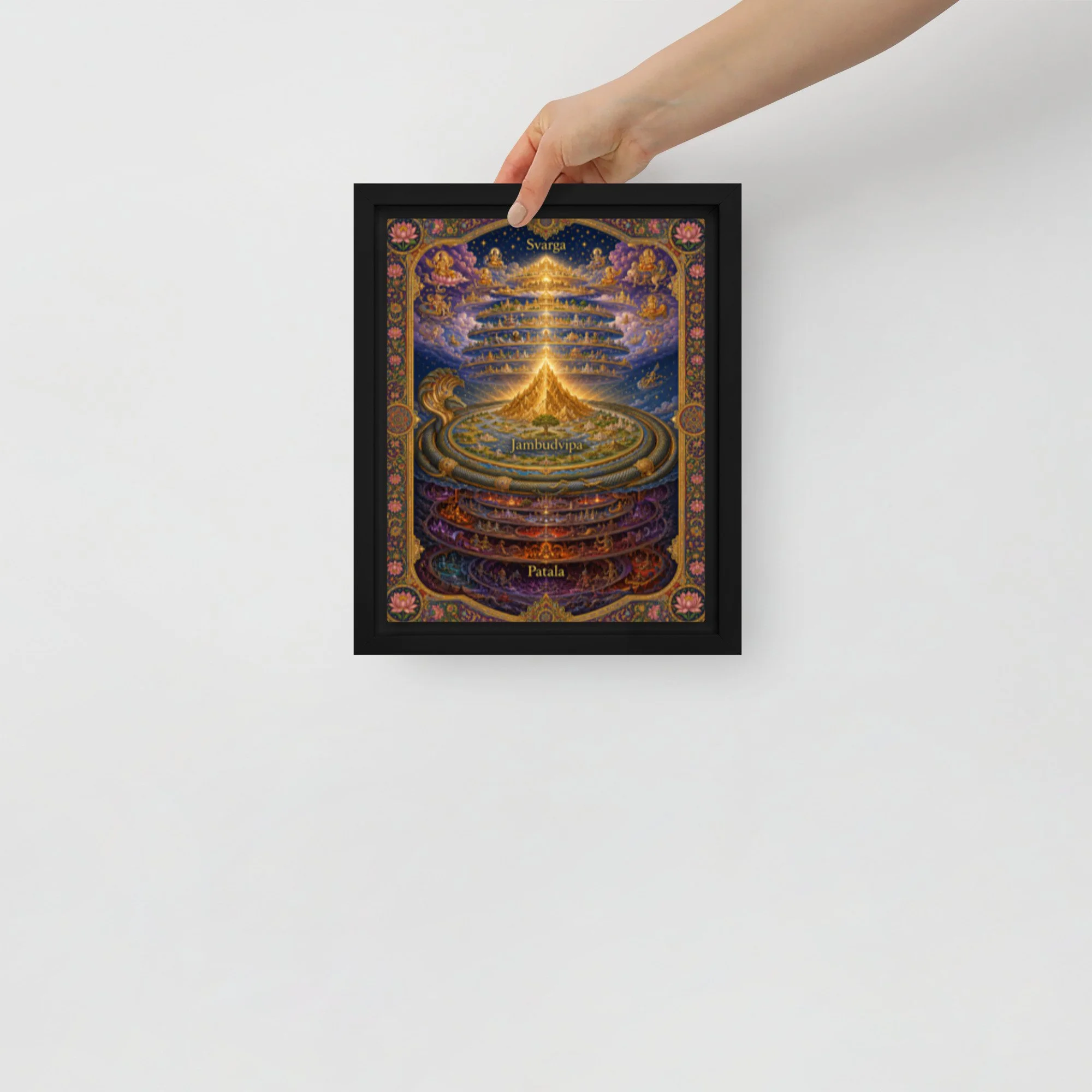 Framed Canvas — illuminated Mount Meru and cosmic serpent detail in jewel tones — hidden history, flat earth cosmology — Ethe