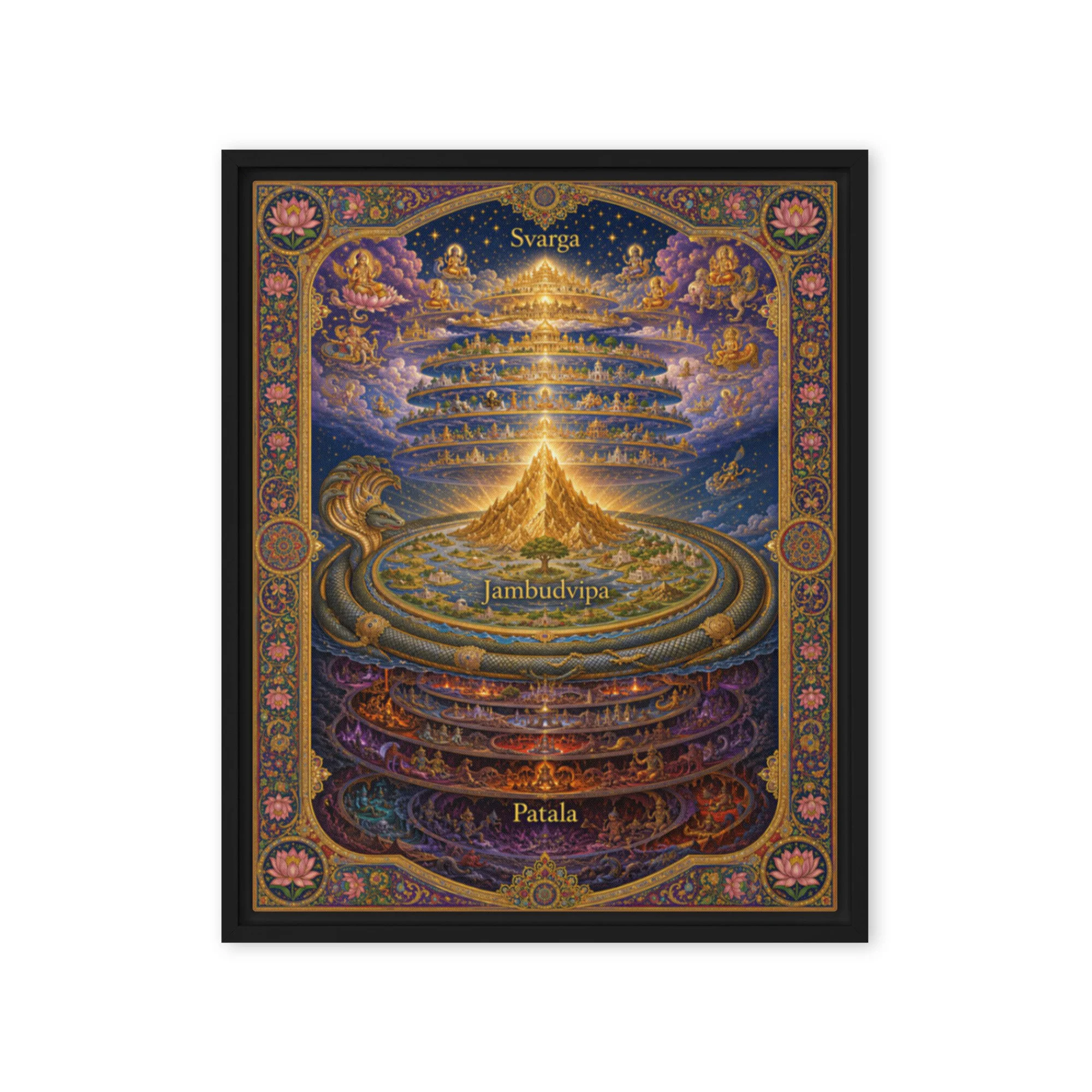 Framed canvas depicting Hindu cosmology with Mount Meru and cosmic serpent displayed on wall — hidden history, flat earth — E