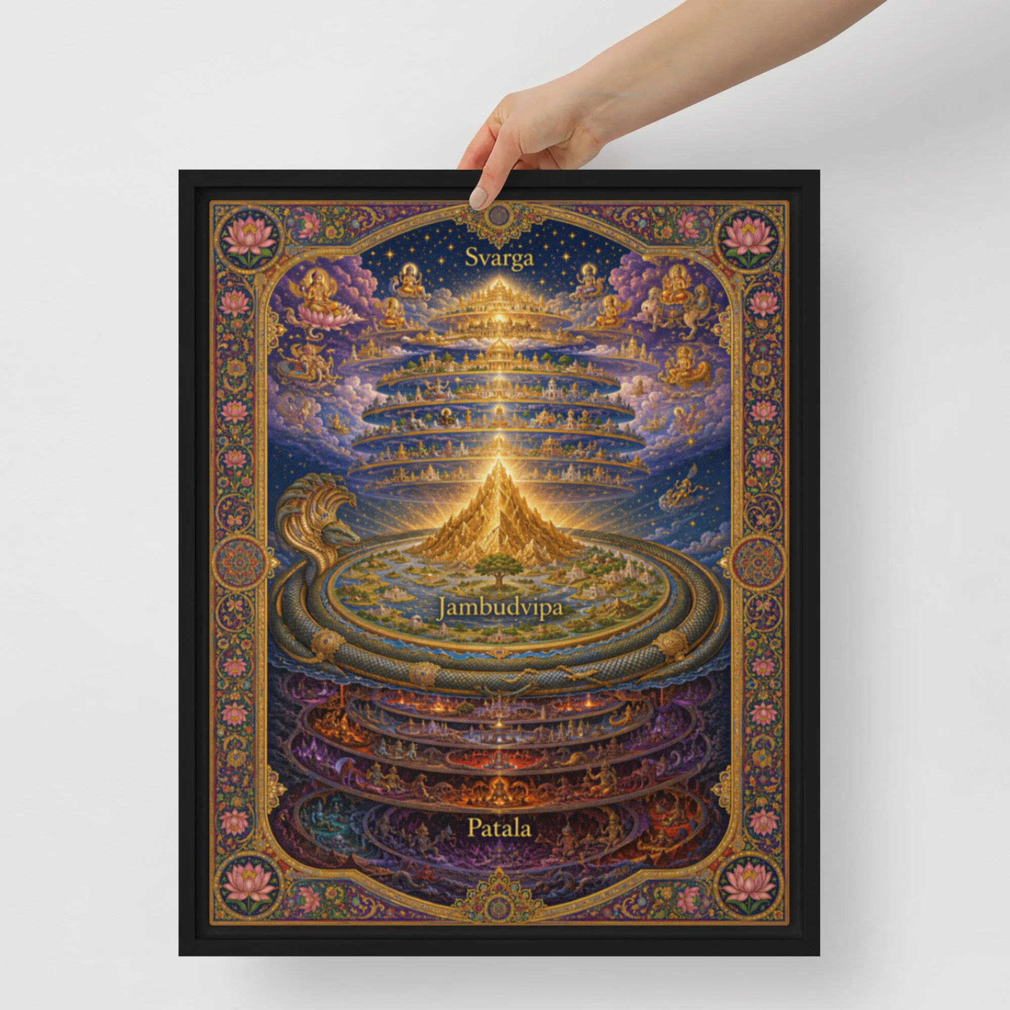 Framed Canvas — alternate angle view of Hindu cosmology design showing Mount Meru and Shesha serpent — hidden history — Ether
