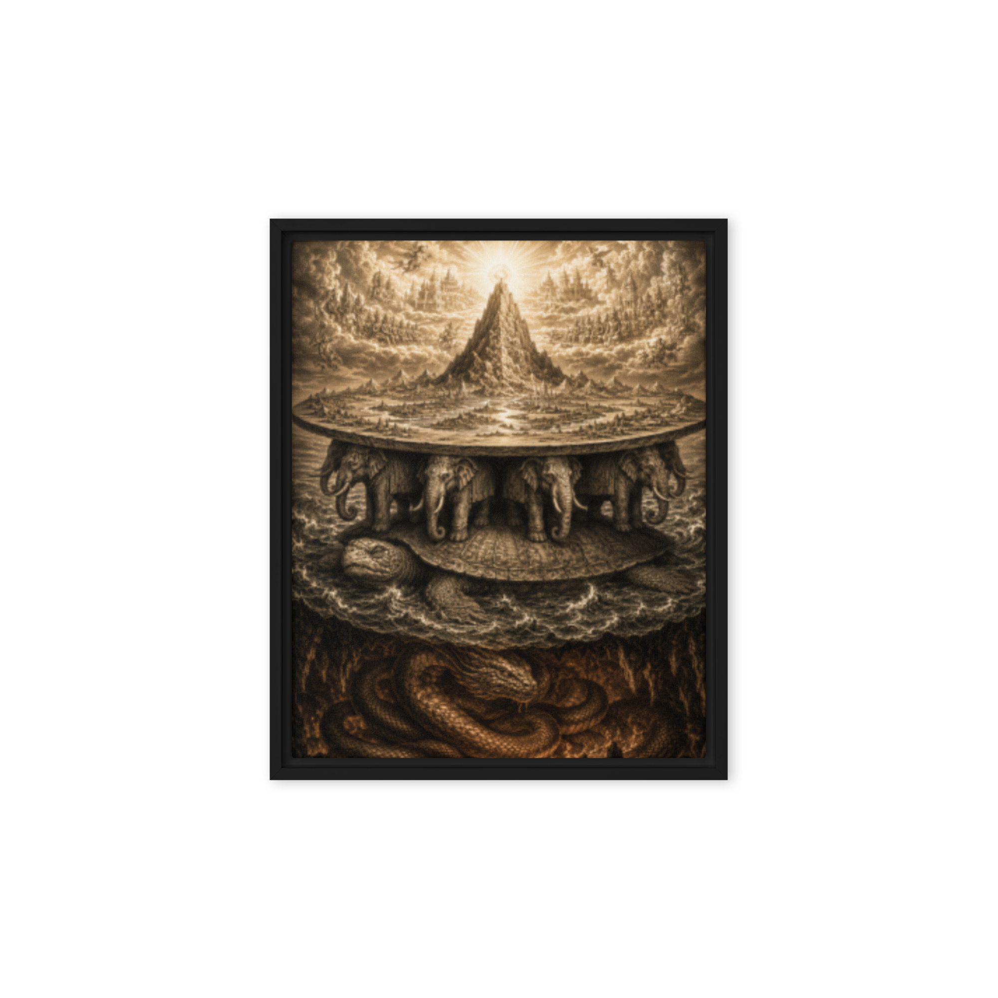 Framed Canvas Print — Sepia-toned Hindu Mount Meru cosmology engraving with flat earth disc and cosmic elephants — Ancient co