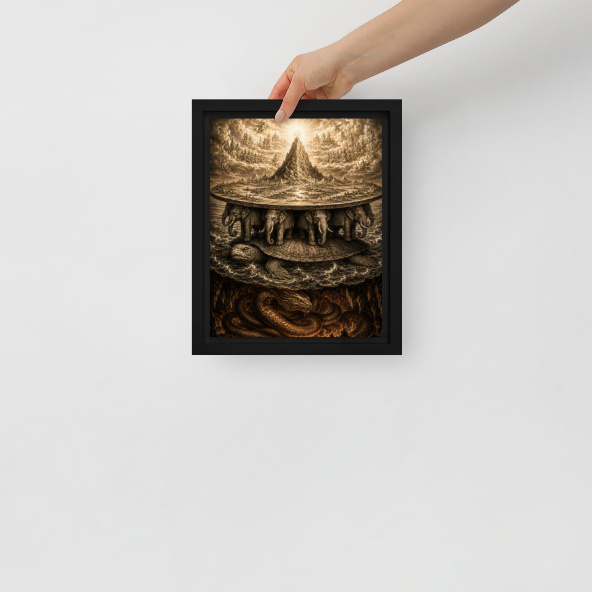 Framed Canvas Print — Detailed engraving of Mount Meru cosmology with cosmic elephants and tortoise — Ancient cosmology, vint
