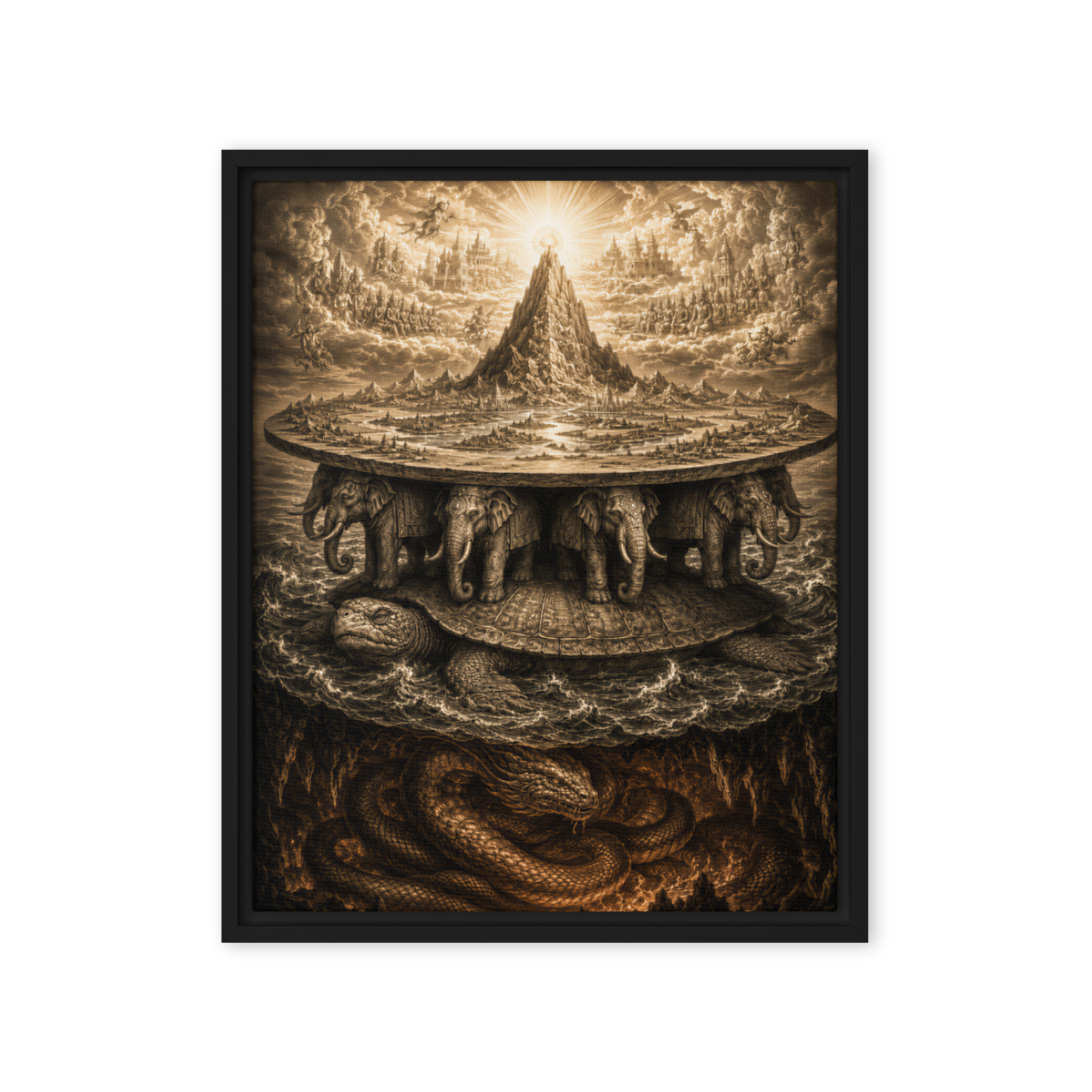 Framed canvas print of Hindu Mount Meru cosmology displayed on wall, vintage engraving style — ancient cosmology, hidden hist