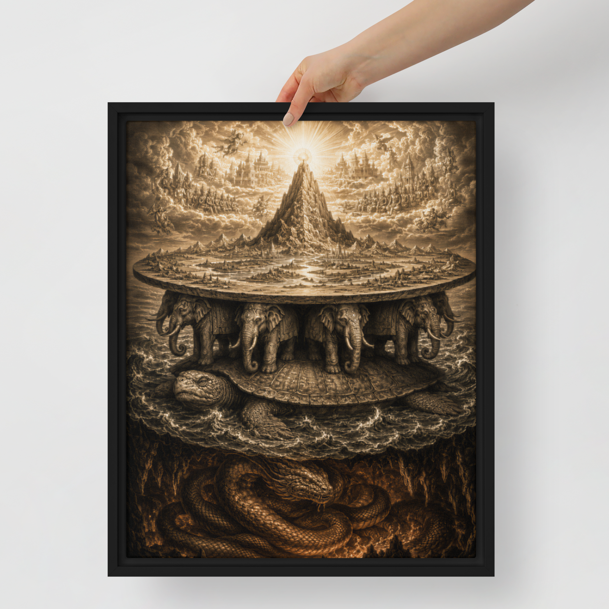 Framed Canvas Print — Mount Meru cosmology from alternate perspective, cosmic tortoise base visible — ancient cosmology, vint