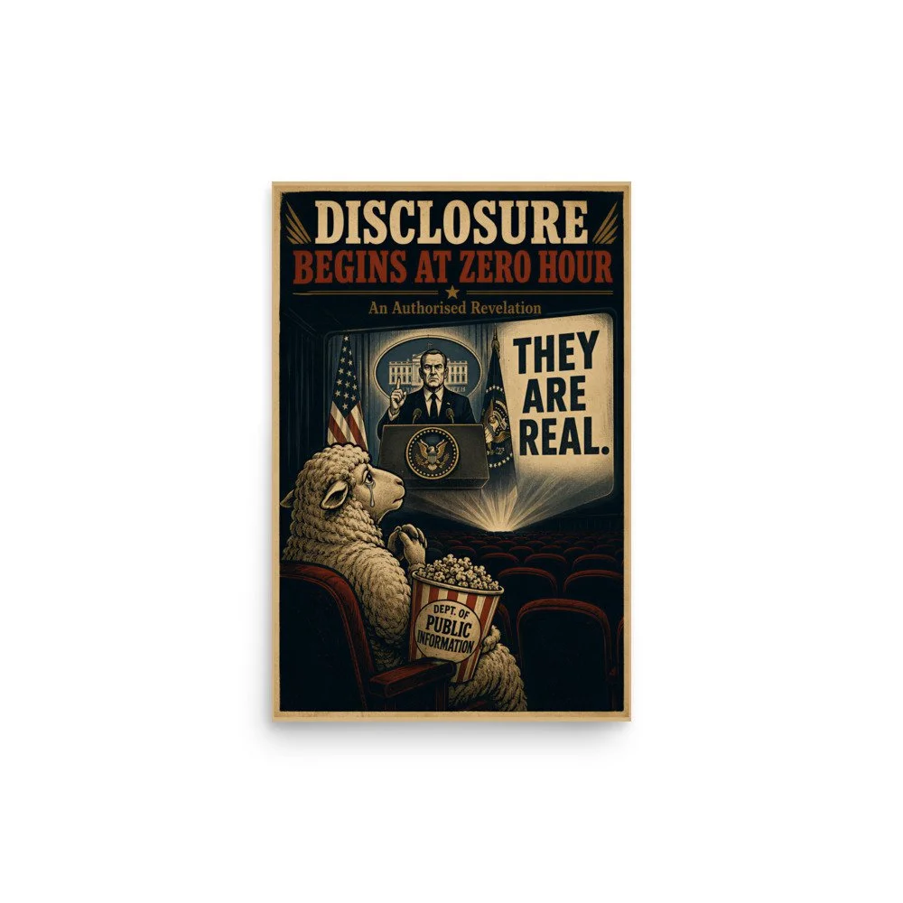 Poster — Navy woodblock satirical design with bold typography announcing cosmic disclosure — alternative history — Etherfolk
