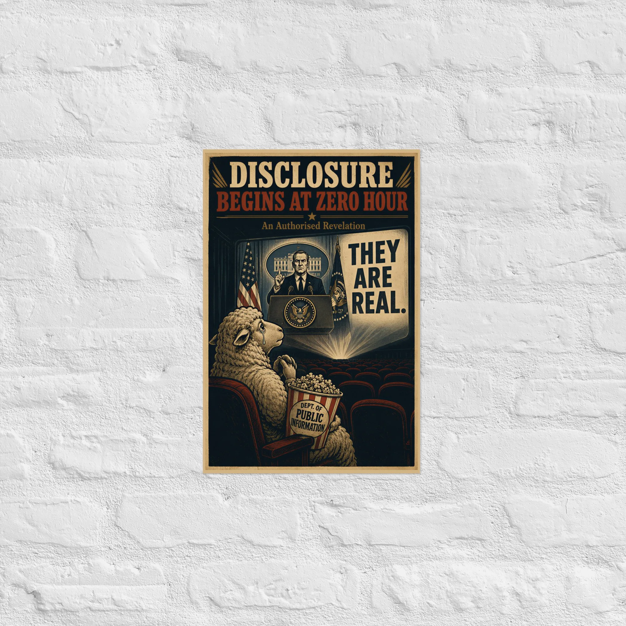 Poster displayed on wall with deep navy background — alternative history satire — Etherfolk