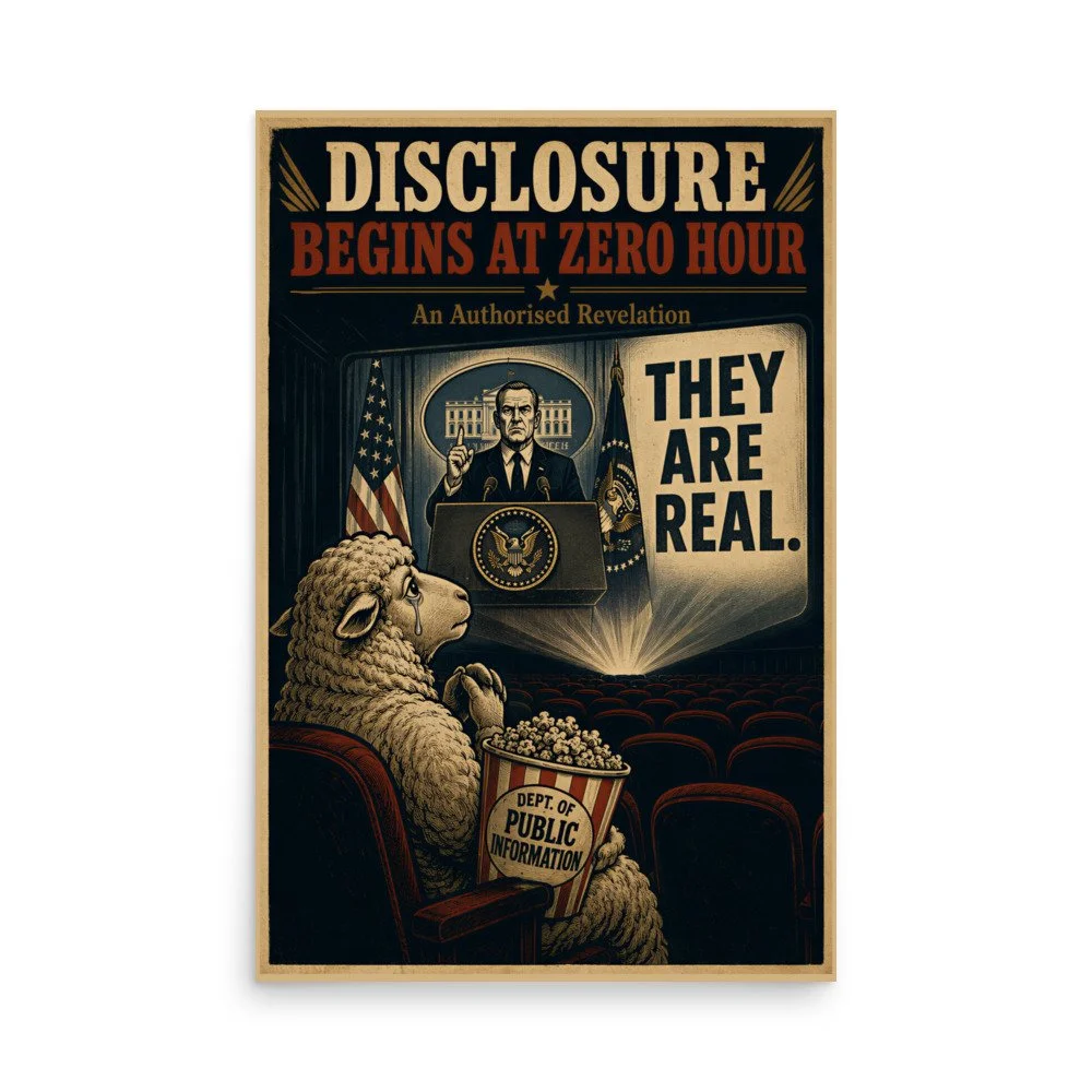 Poster alternate angle view showing woodblock print depth on Japanese matte stock — alternative history satire — Etherfolk