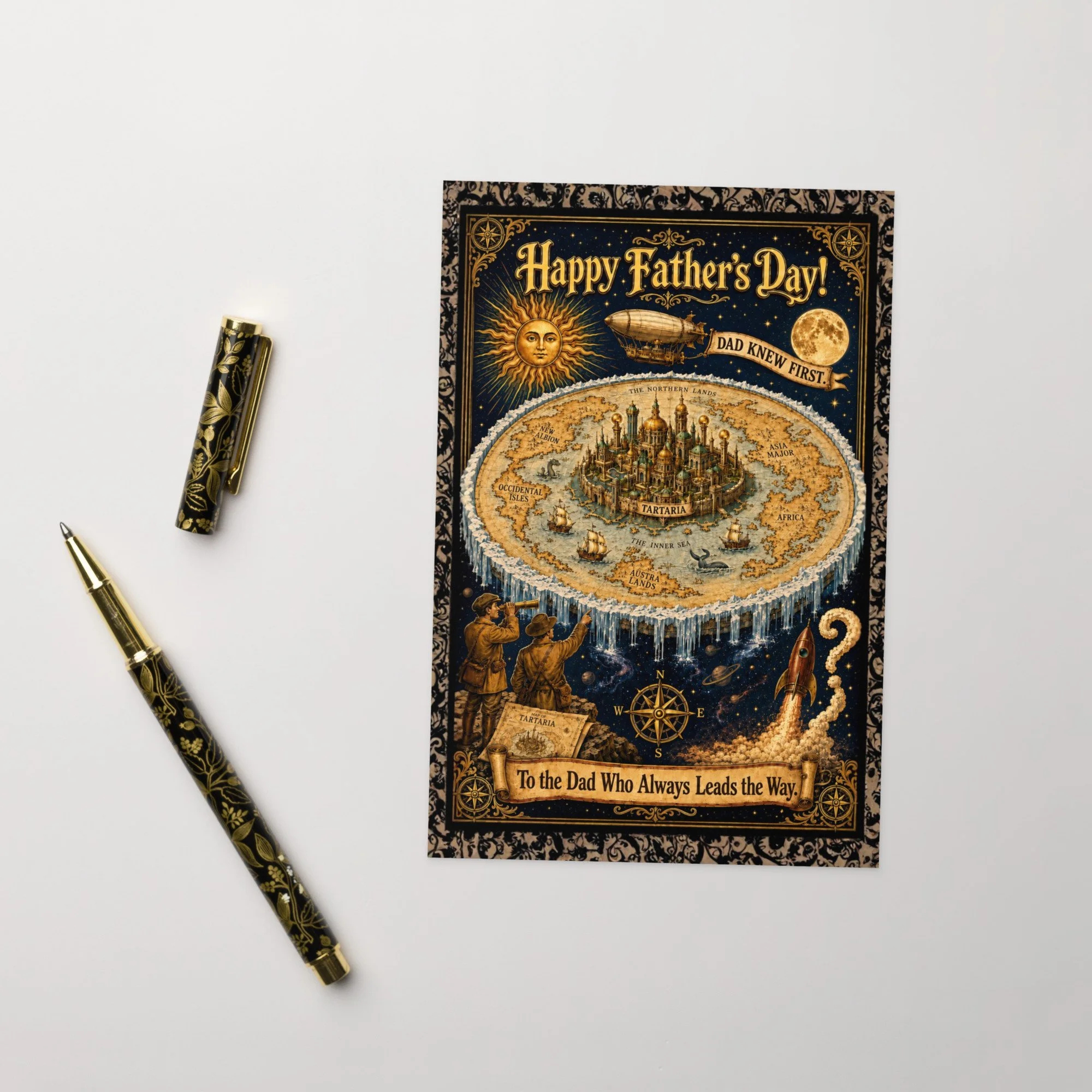 Greeting card — close-up of ornate Tartarian capital with golden domes and cartographic flat earth disc — alternative history