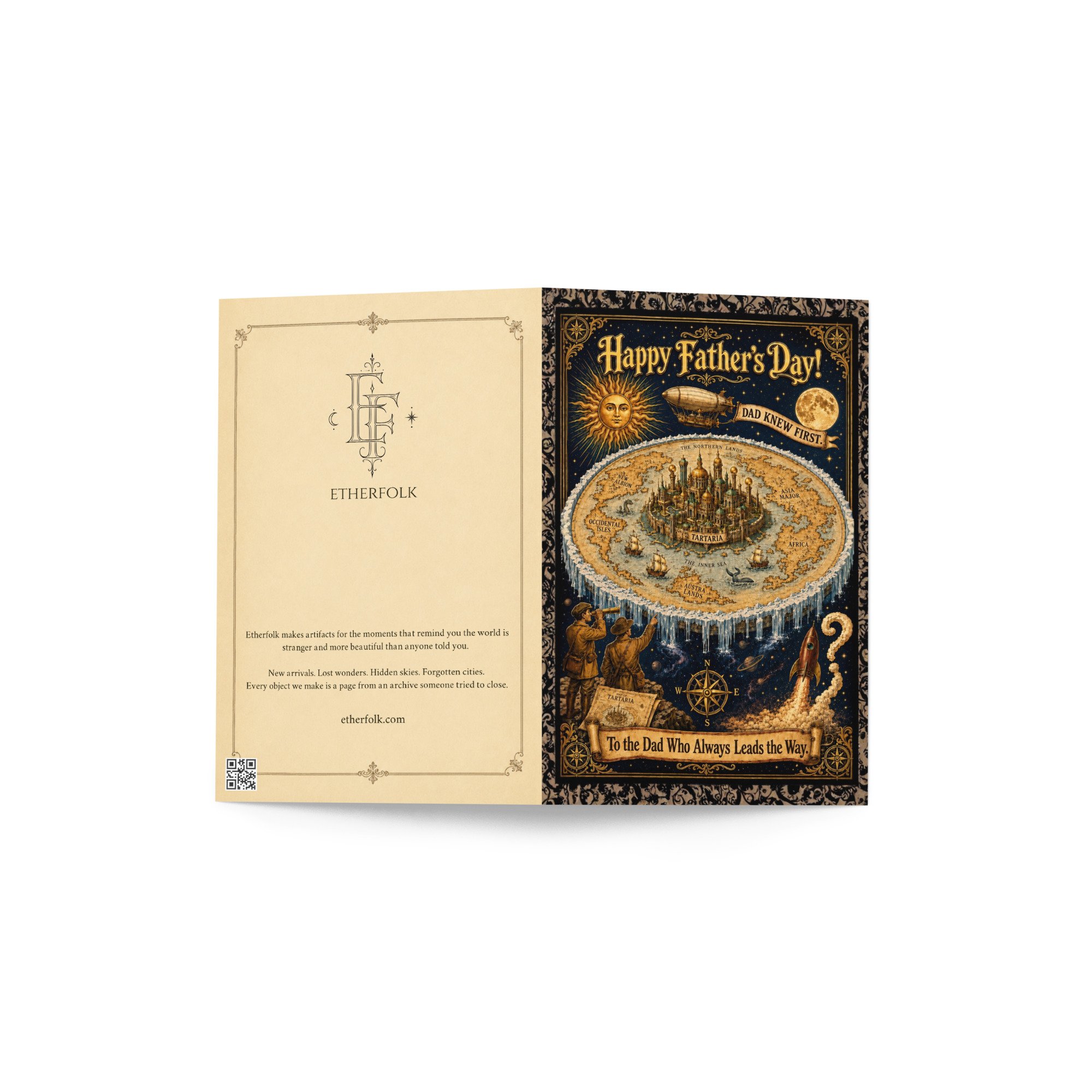 Greeting card — Reverse side showing cartographic flat earth disc with Tartarian domes and ice wall illustration — Alternativ