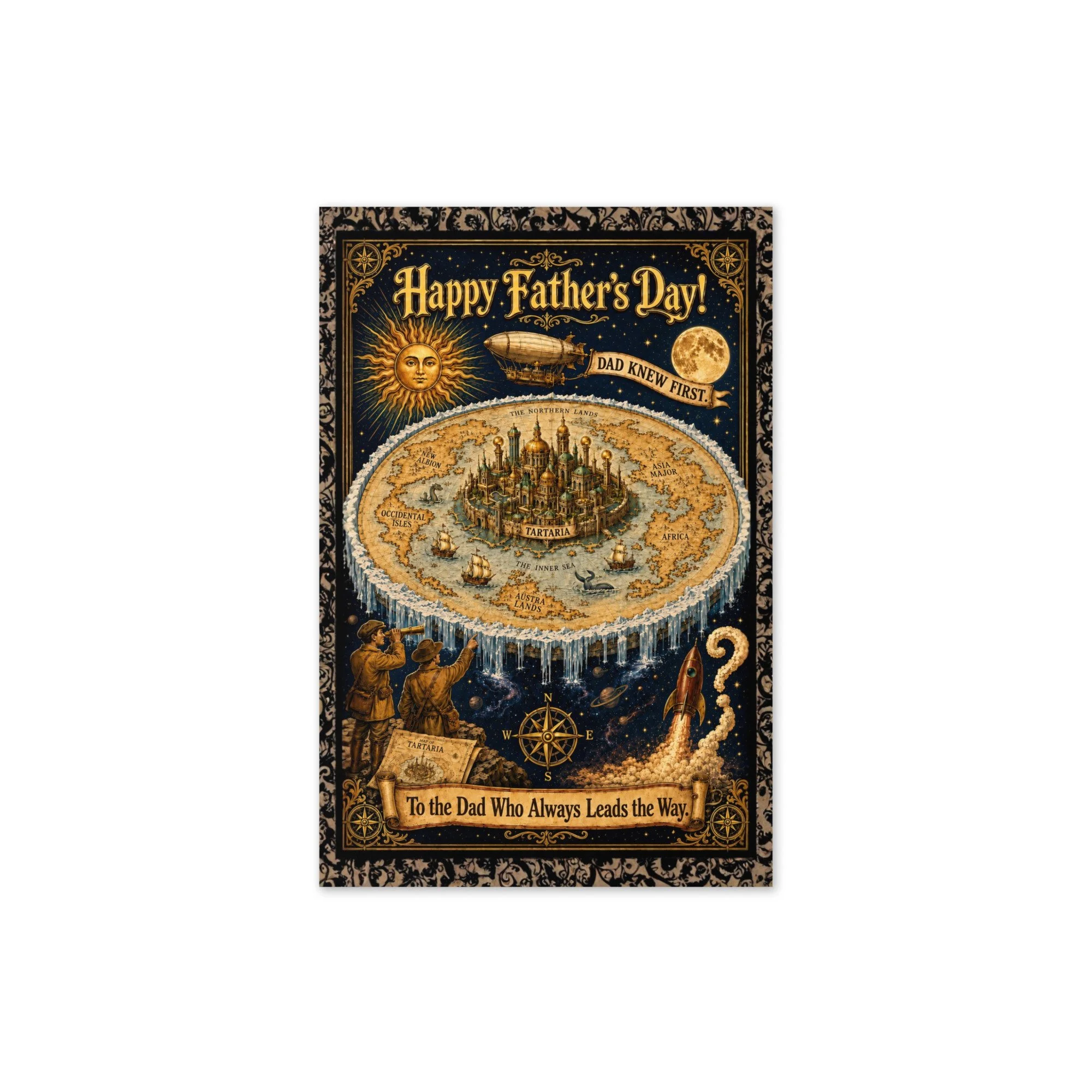 Greeting card — Vintage engraved flat earth disc with Tartarian golden domes and ice wall cartography — alternative history —