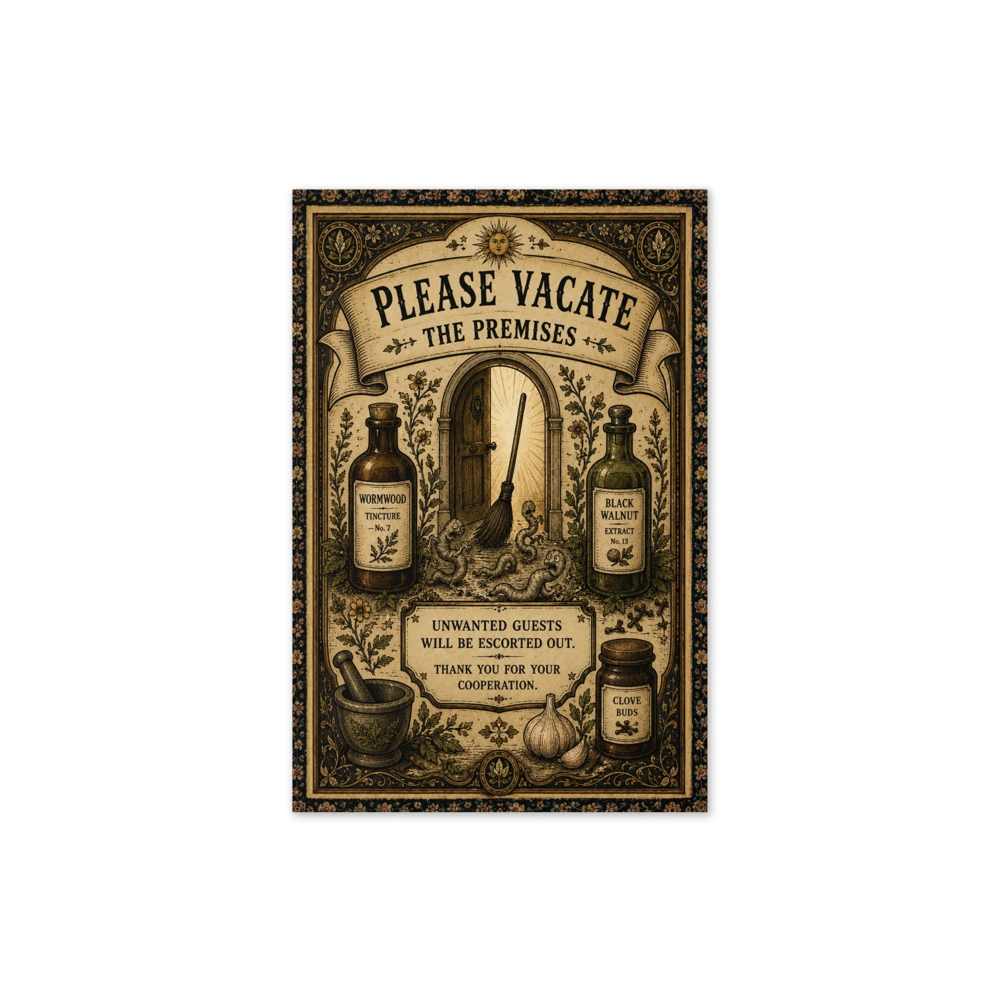 Greeting card — Victorian apothecary design with botanical tinctures, worms being expelled, and ornate borders on cream backg
