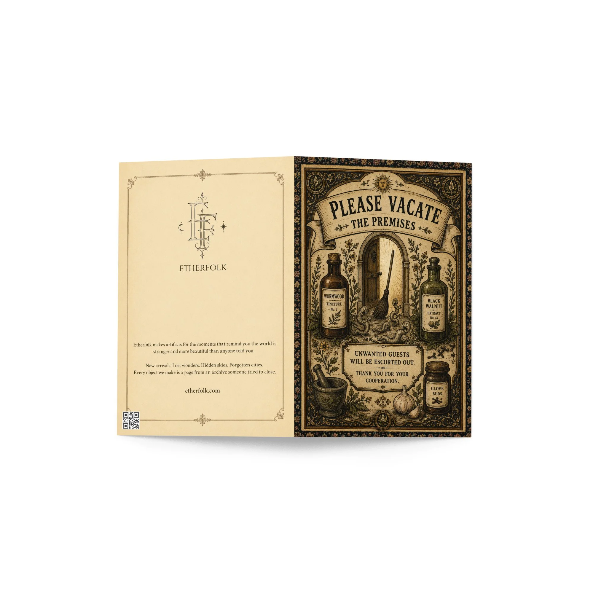 Greeting card displayed on vintage apothecary shelf with botanical remedies and parasites—alternative history humor—Etherfolk