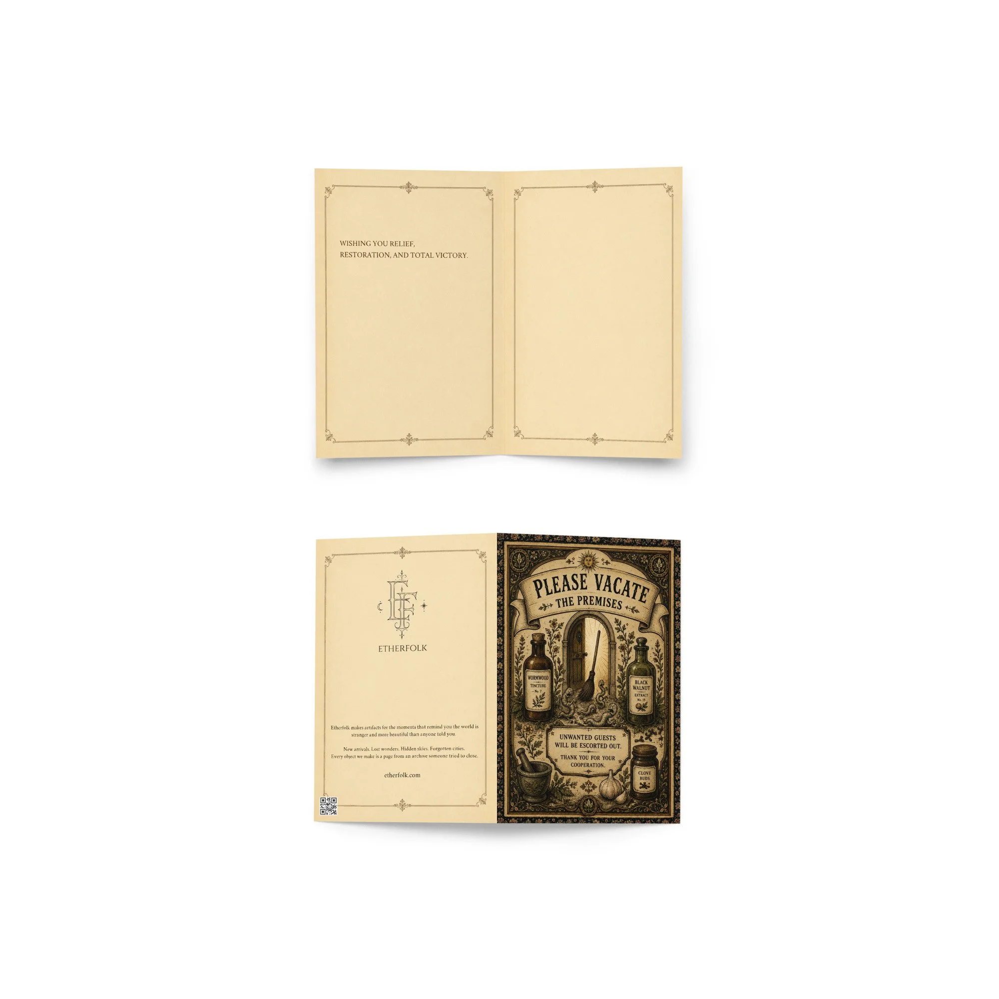 Greeting card — Reverse angle showing ornate apothecary borders and botanical parasite removal design — hidden history, vinta